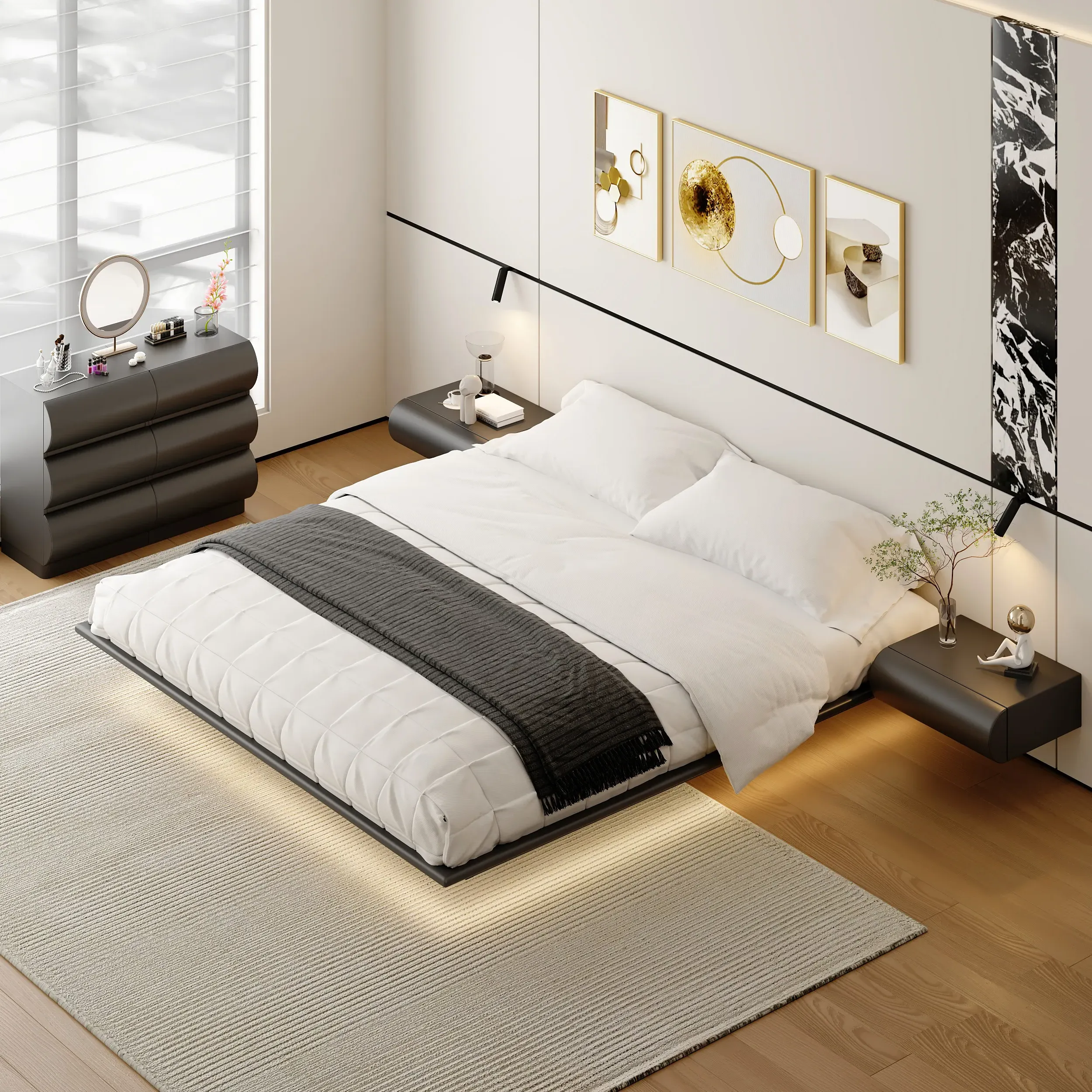 King Size Floating Bed Frame with Light & Nightstand Set image