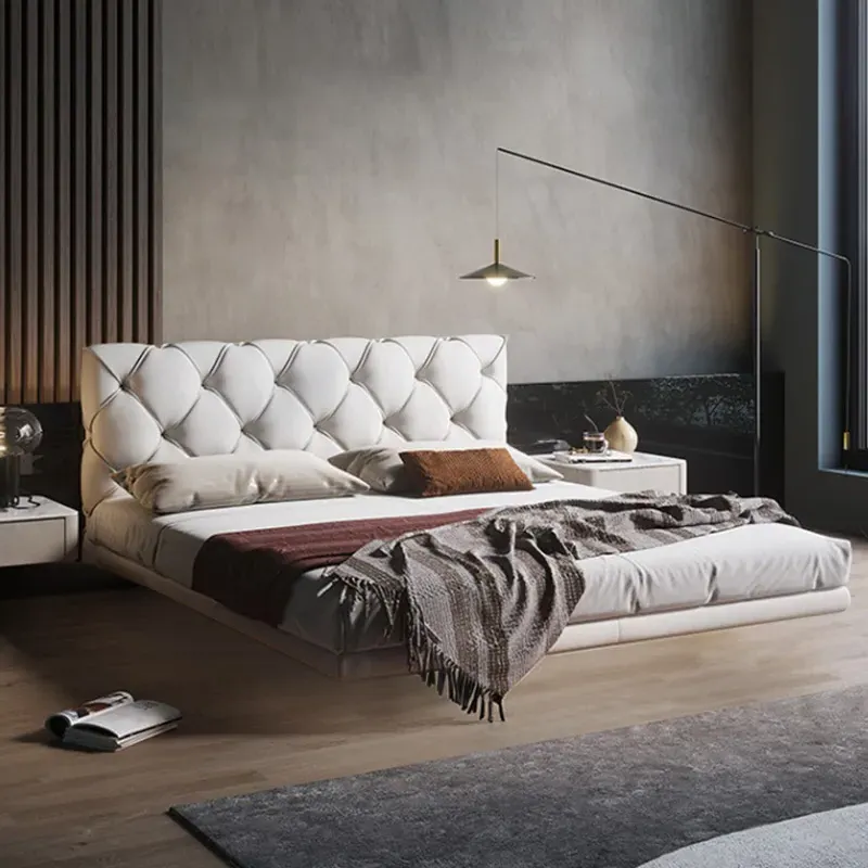 King Size Floating Bed with Tufted Headboard - White image