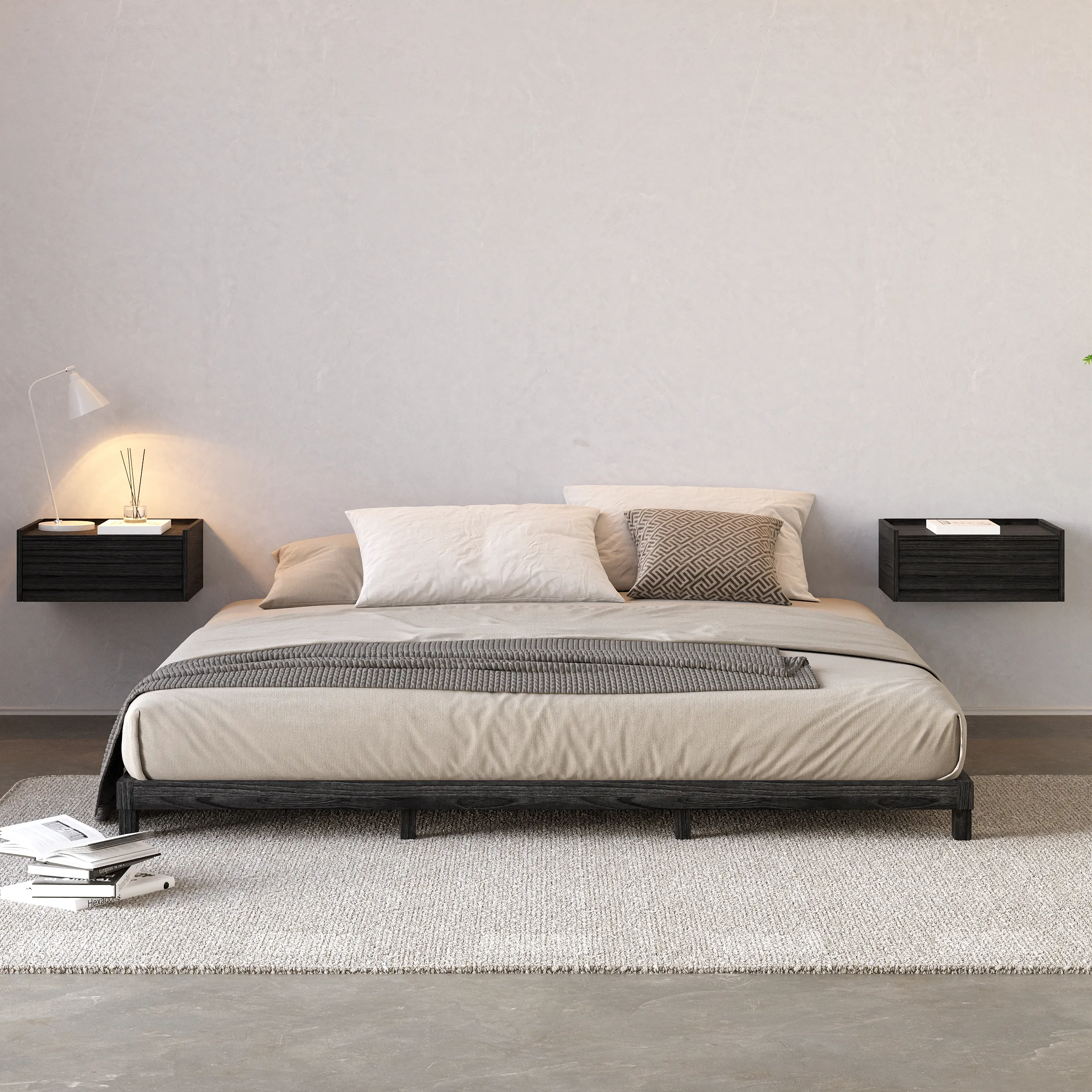 King Size Floating Nightstand with Charging Station - Black