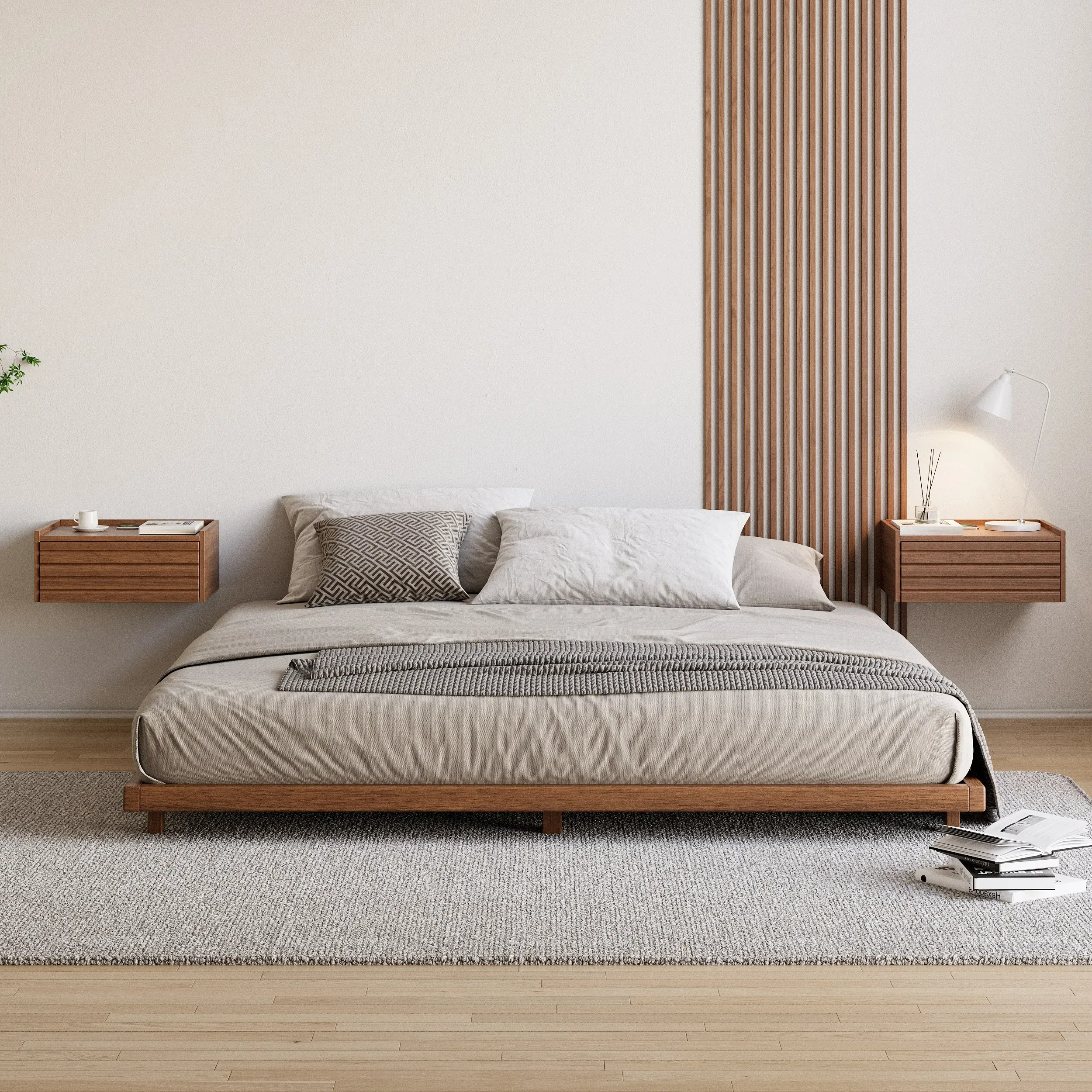 King Size Floating Nightstand with Charging Station - Walnut