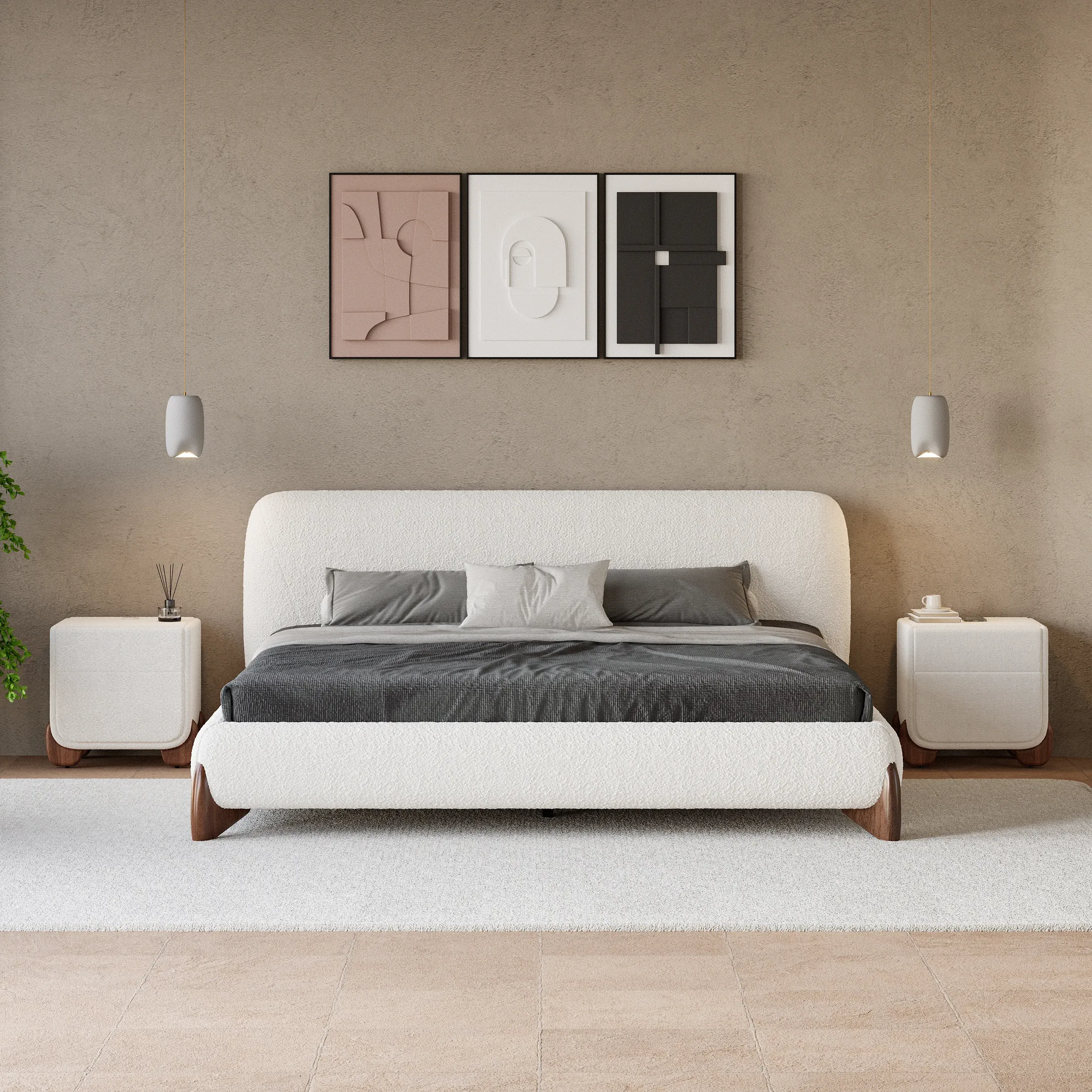 King Size Platform Bed Frame & 2-Drawer Smart Nightstand - White, Boucle