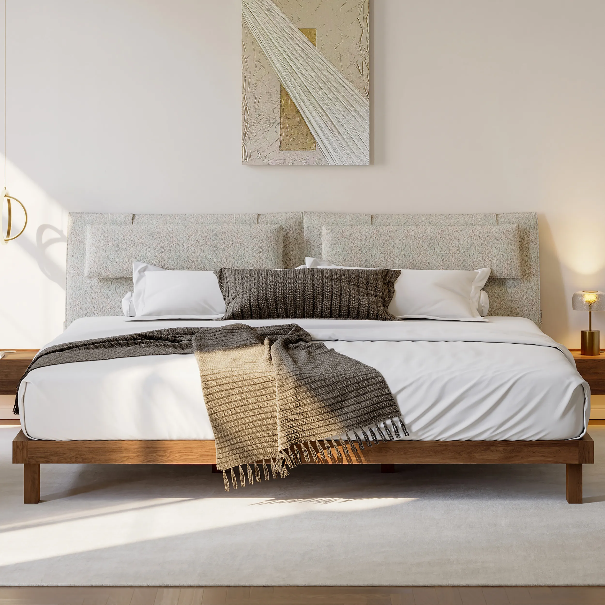 King Size Platform Bed Frame with Headboard - Walnut, Linen