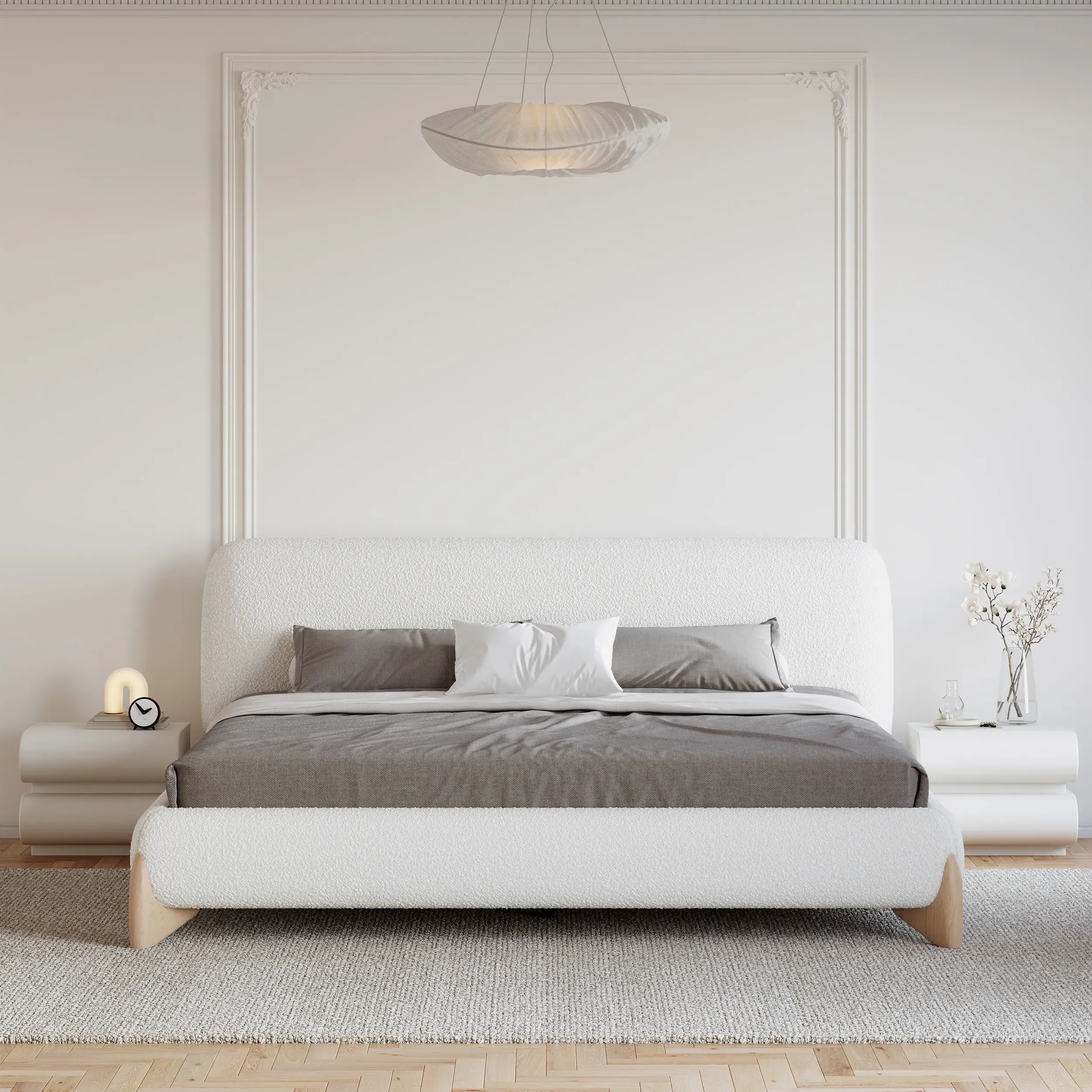 King Size Platform Bed Frame with Headboard - White, Boucle