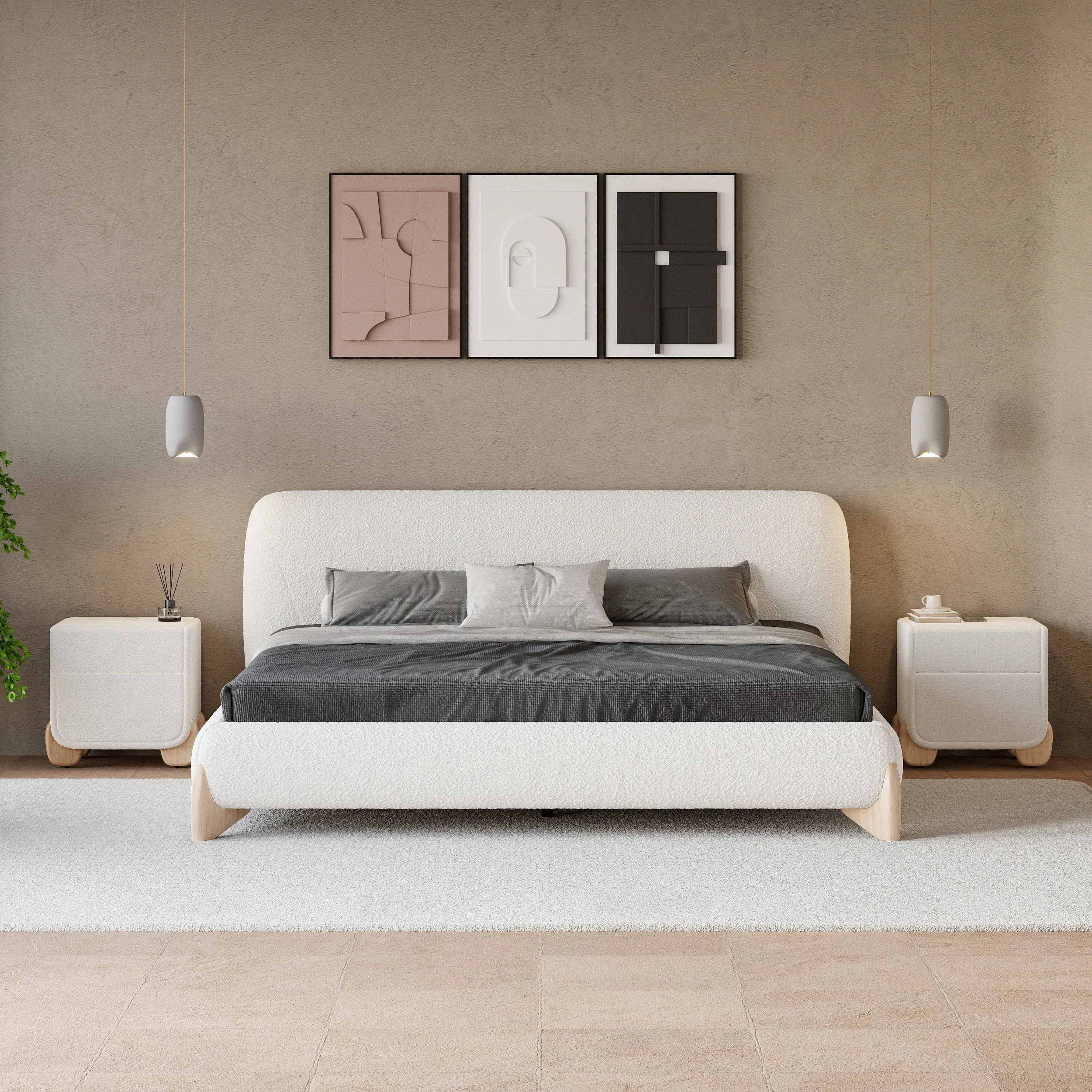 King Size Platform Bed Frame with Headboard - White, Boucle