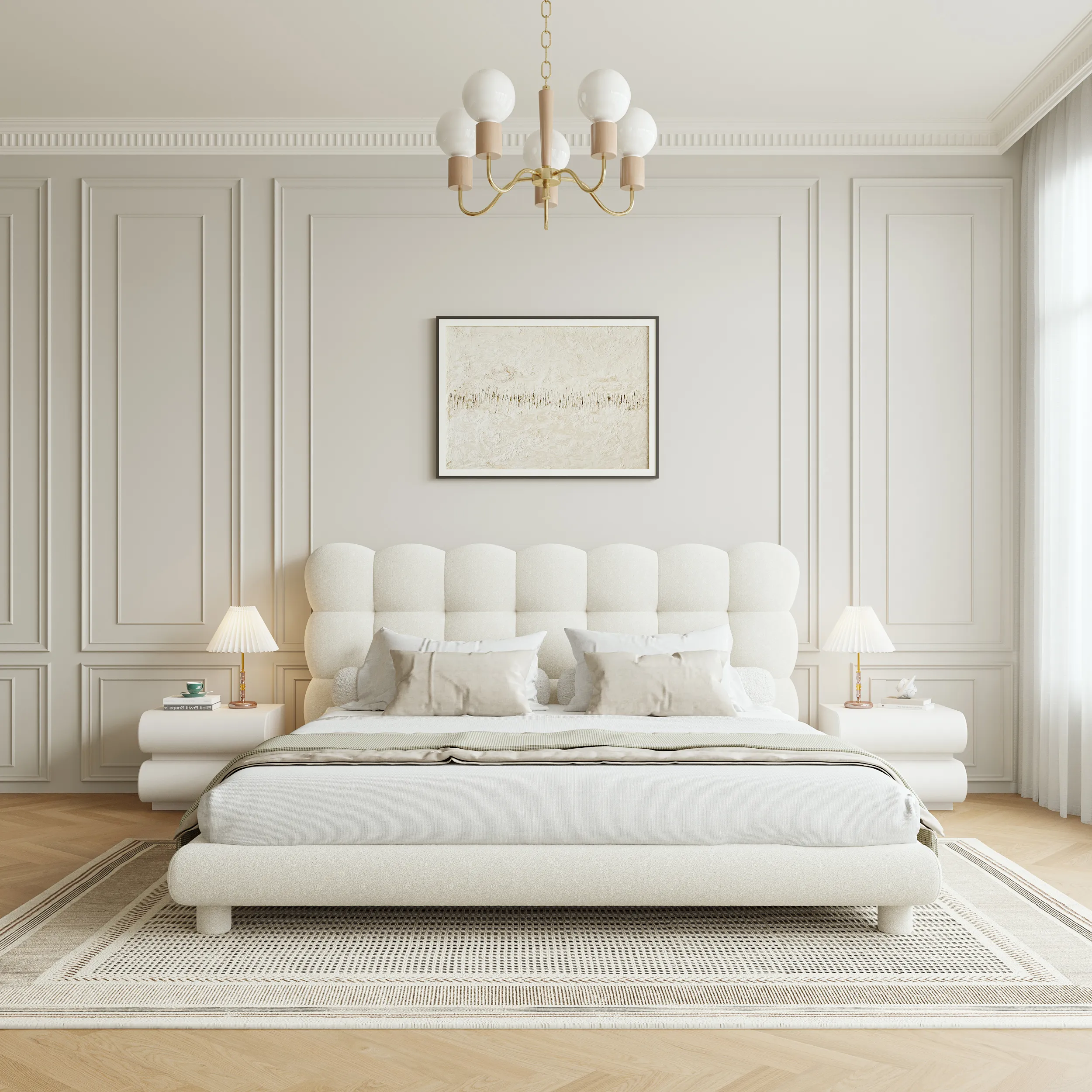 King Size Platform Bed Frame with Wireless Charger - White, Boucle image