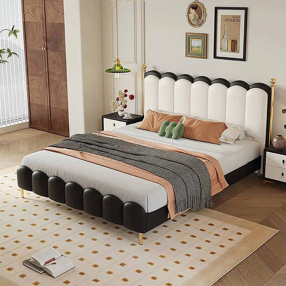 King Size Platform Bed - White & Black, Faux Leather image