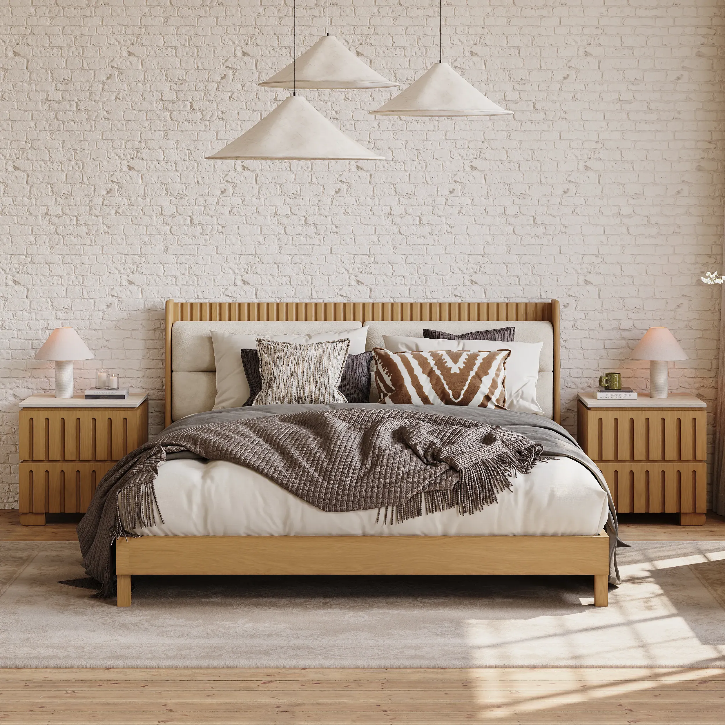 King Size Upholstered Bed & Nightstand Set - Walnut, Ash Wood