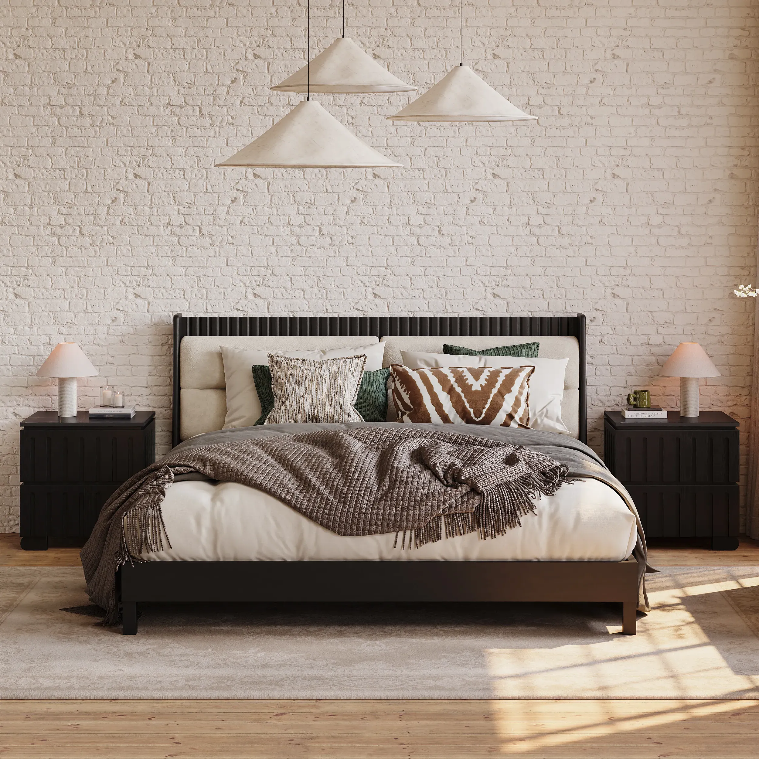 King Size Upholstered Bed & Nightstand Set - Walnut, Ash Wood