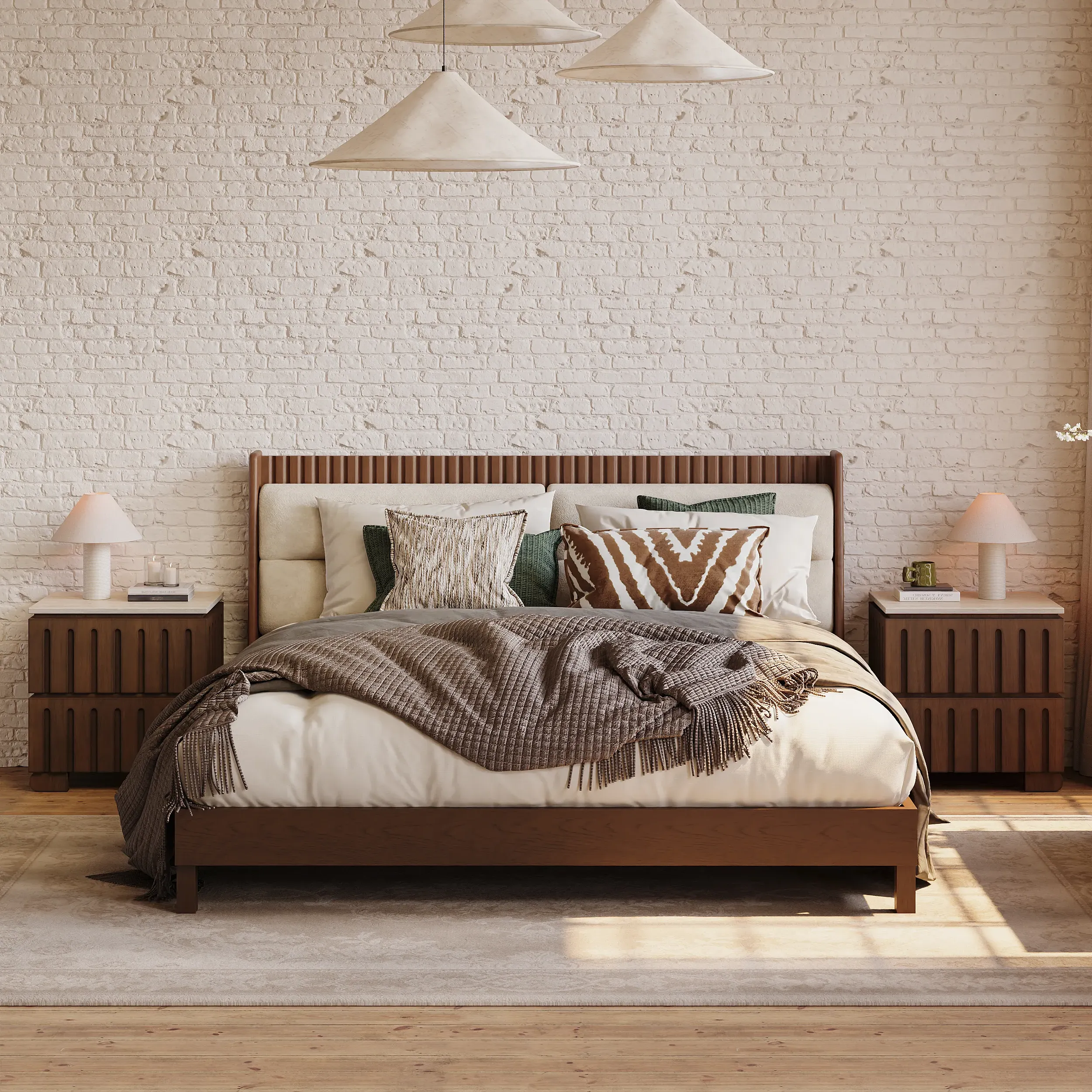 King Size Upholstered Bed & Nightstand Set - Walnut, Ash Wood