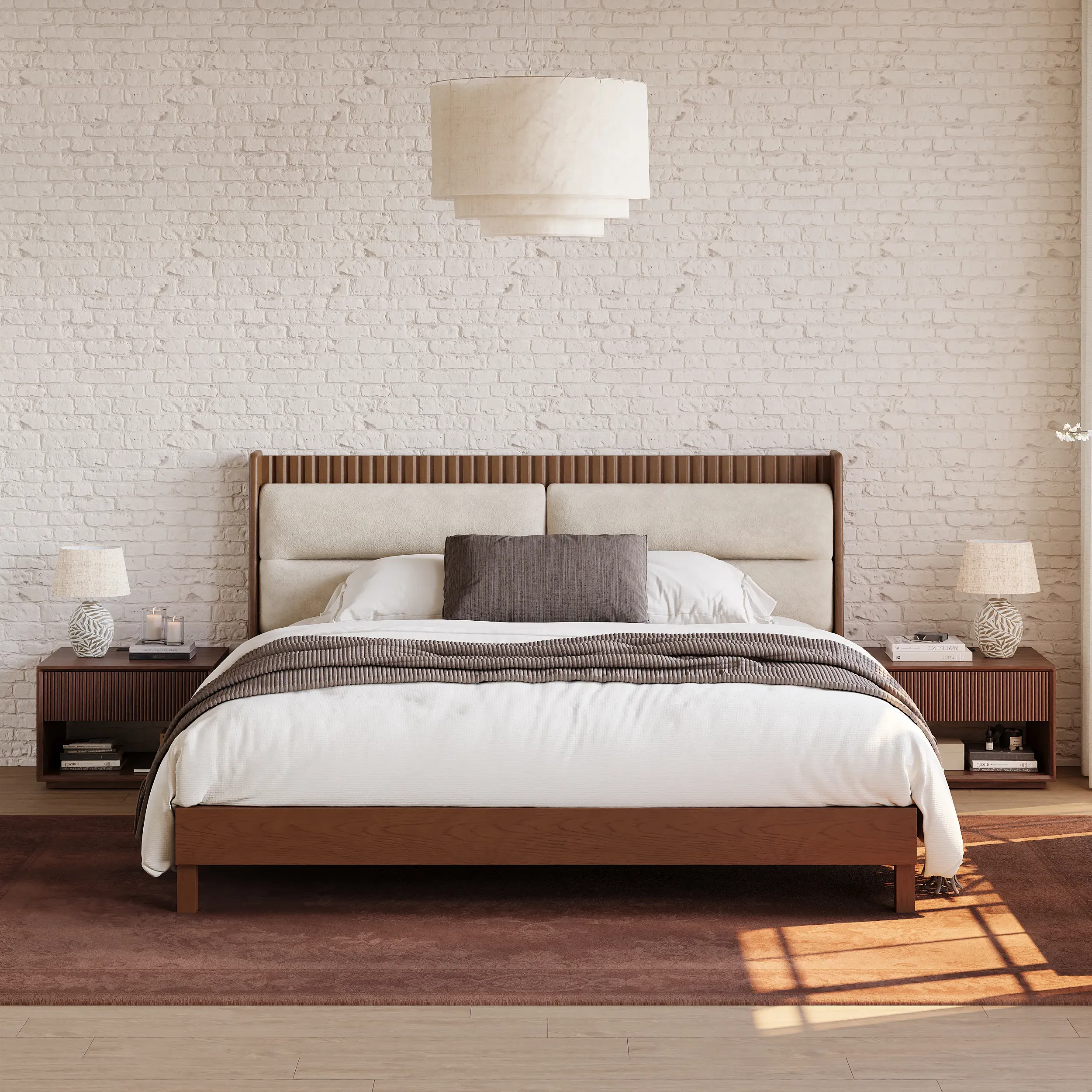 King Size Upholstered Bed with 2 Fluted Nightstands - Walnut image