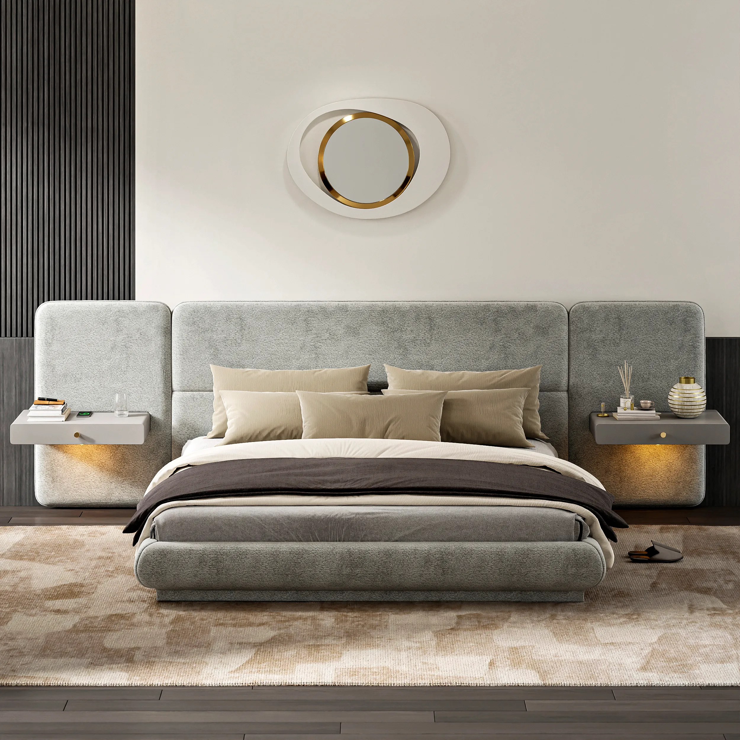 King Size Upholstered Bed with Smart Nightstands - Velvet, Leather image