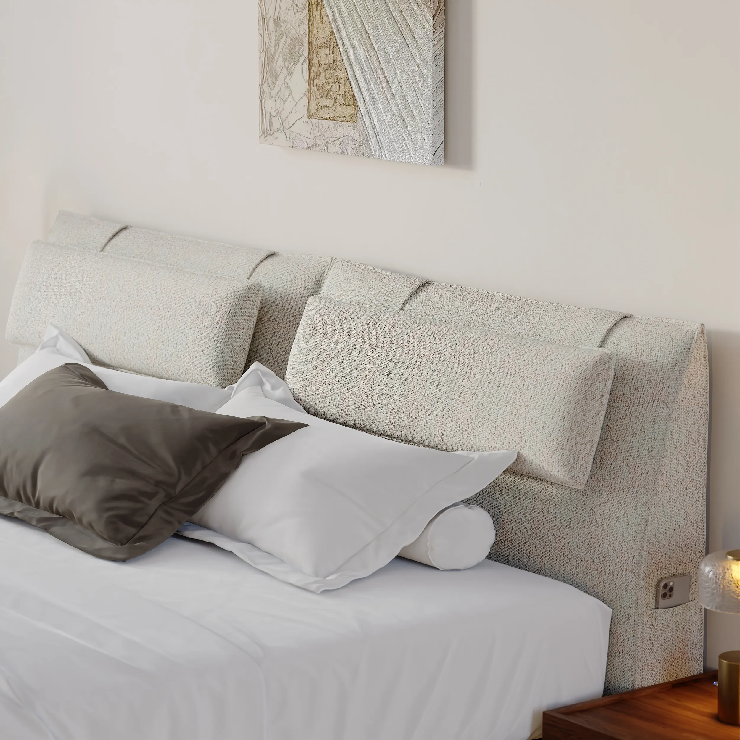 King Upholstered Headboard with Side Pocket - Linen image