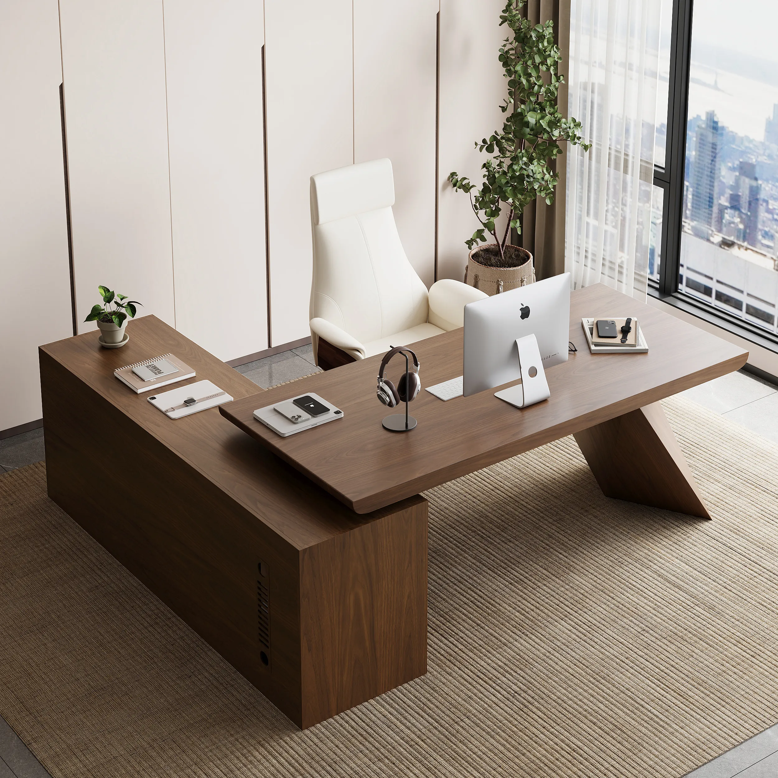 L-Shape Executive Desk with Drawers & Cabinet - Walnut image