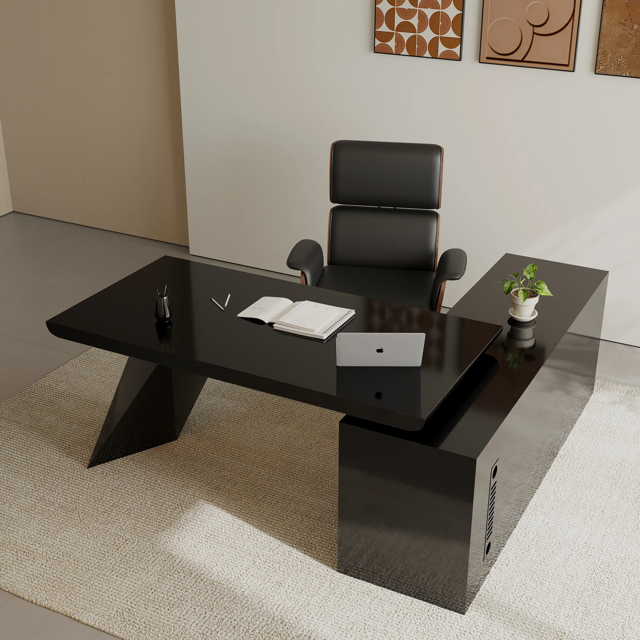 L-Shape Executive Desk with Reclining Office Chair - Black image