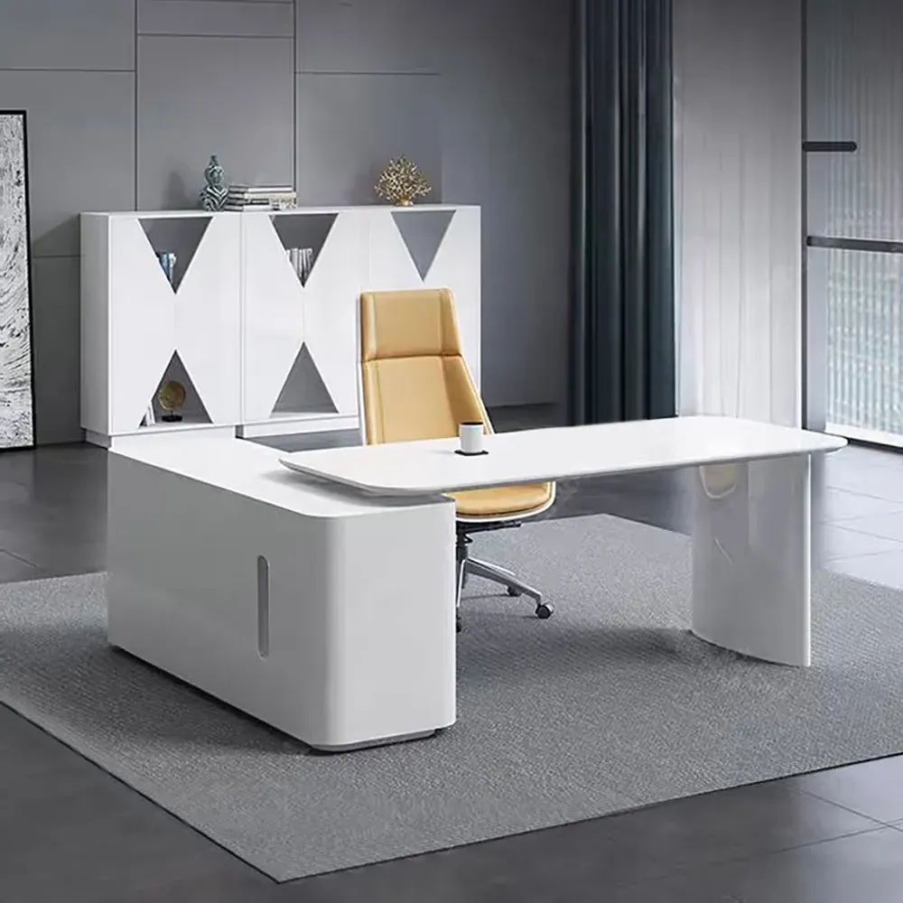 L-Shape Executive Desk with Storage Drawers - White image