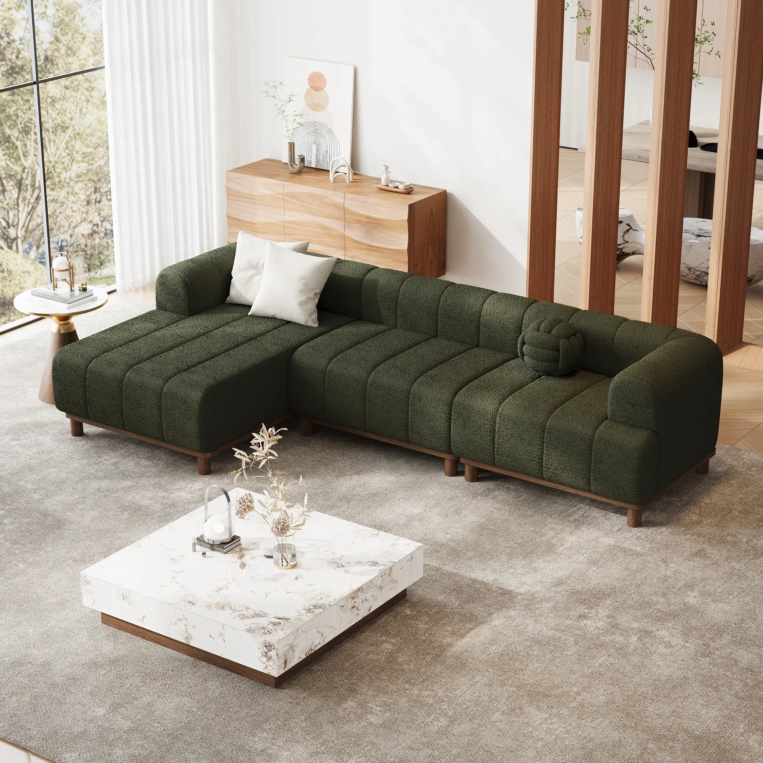 L-Shaped 3-Piece Sectional Sofa with Chaise - White, Boucle