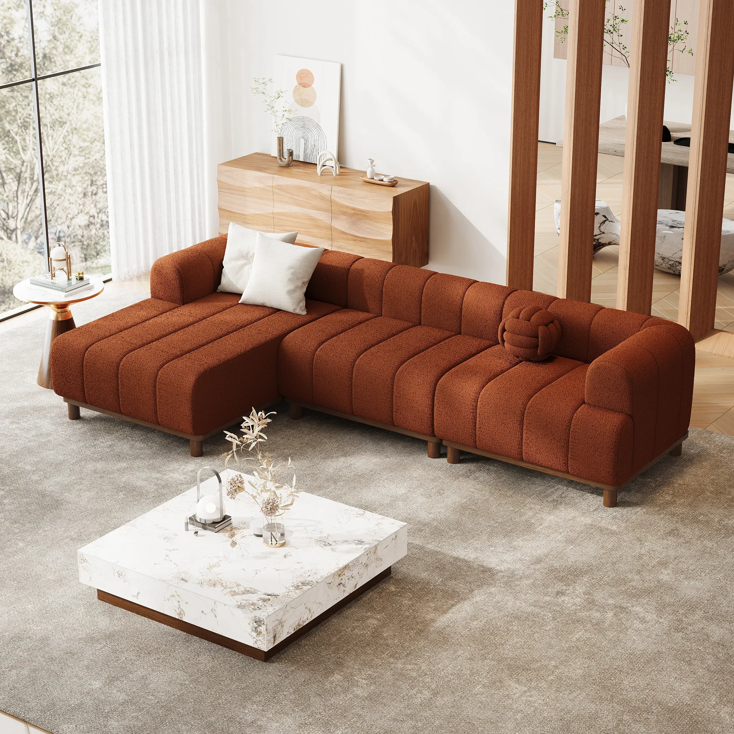 L-Shaped 3-Piece Sectional Sofa with Chaise - White, Boucle