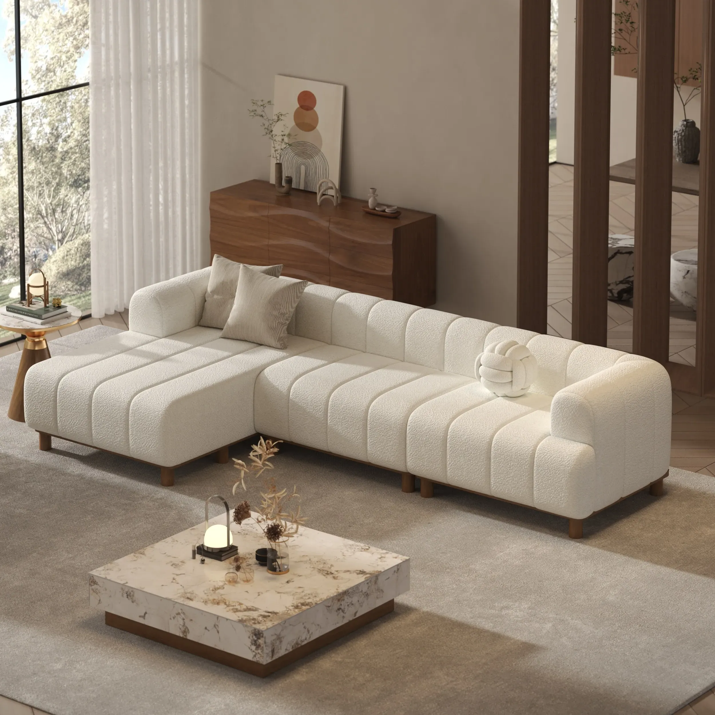 L-Shaped 3-Piece Sectional Sofa with Chaise - White, Boucle