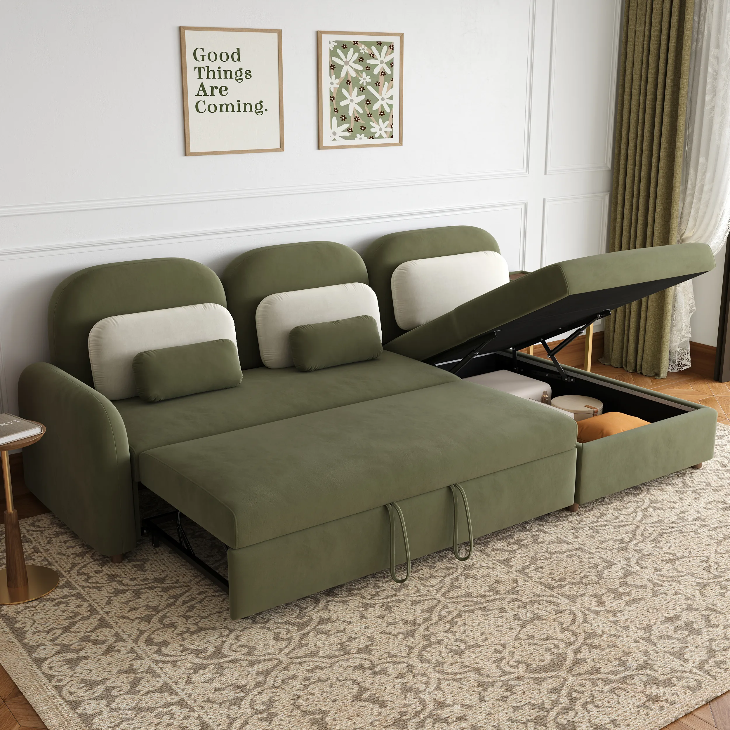 L-Shaped Convertible Sofa Bed with Storage - Green, Velvet