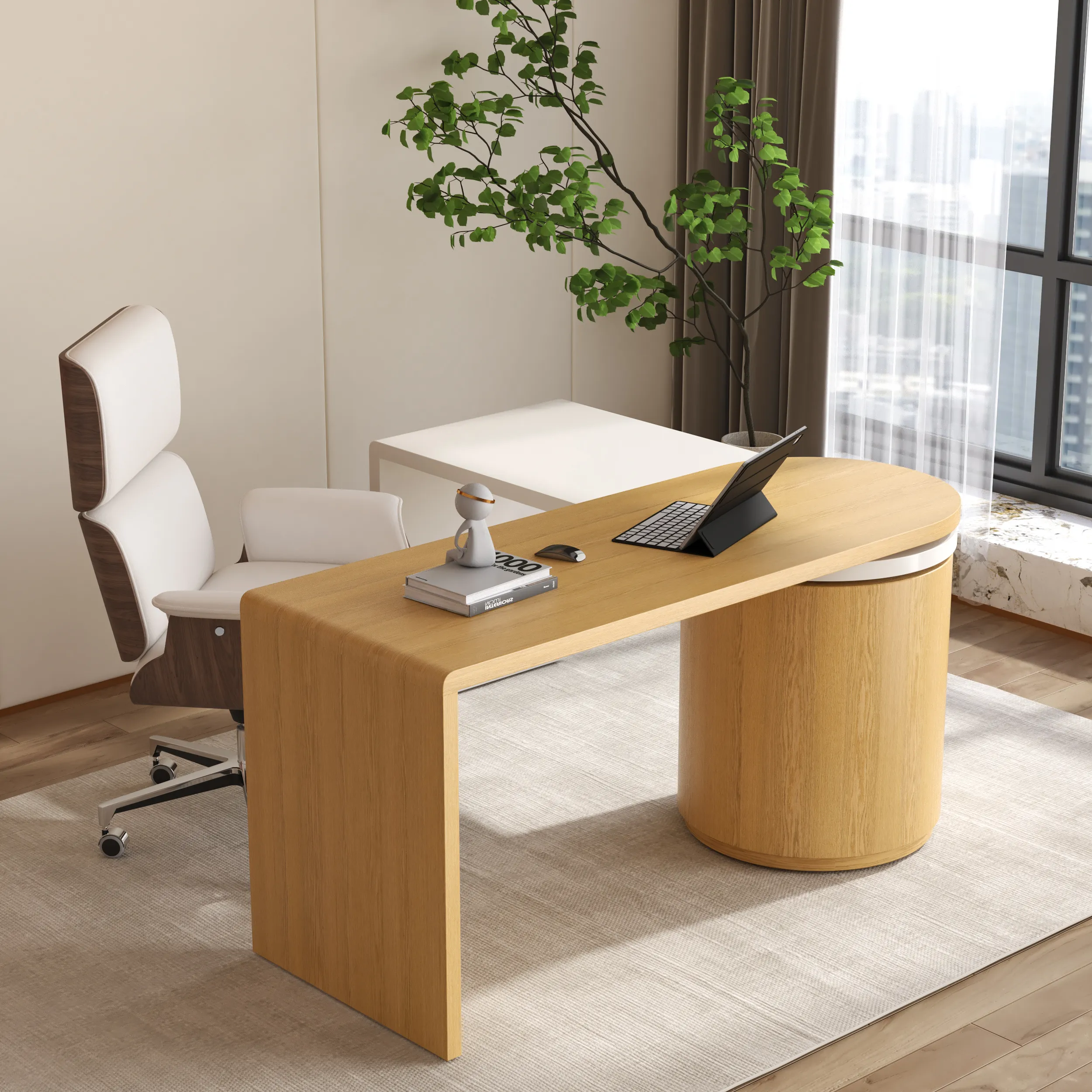 L-Shaped Desk with Office Chair Set - Natural, White image