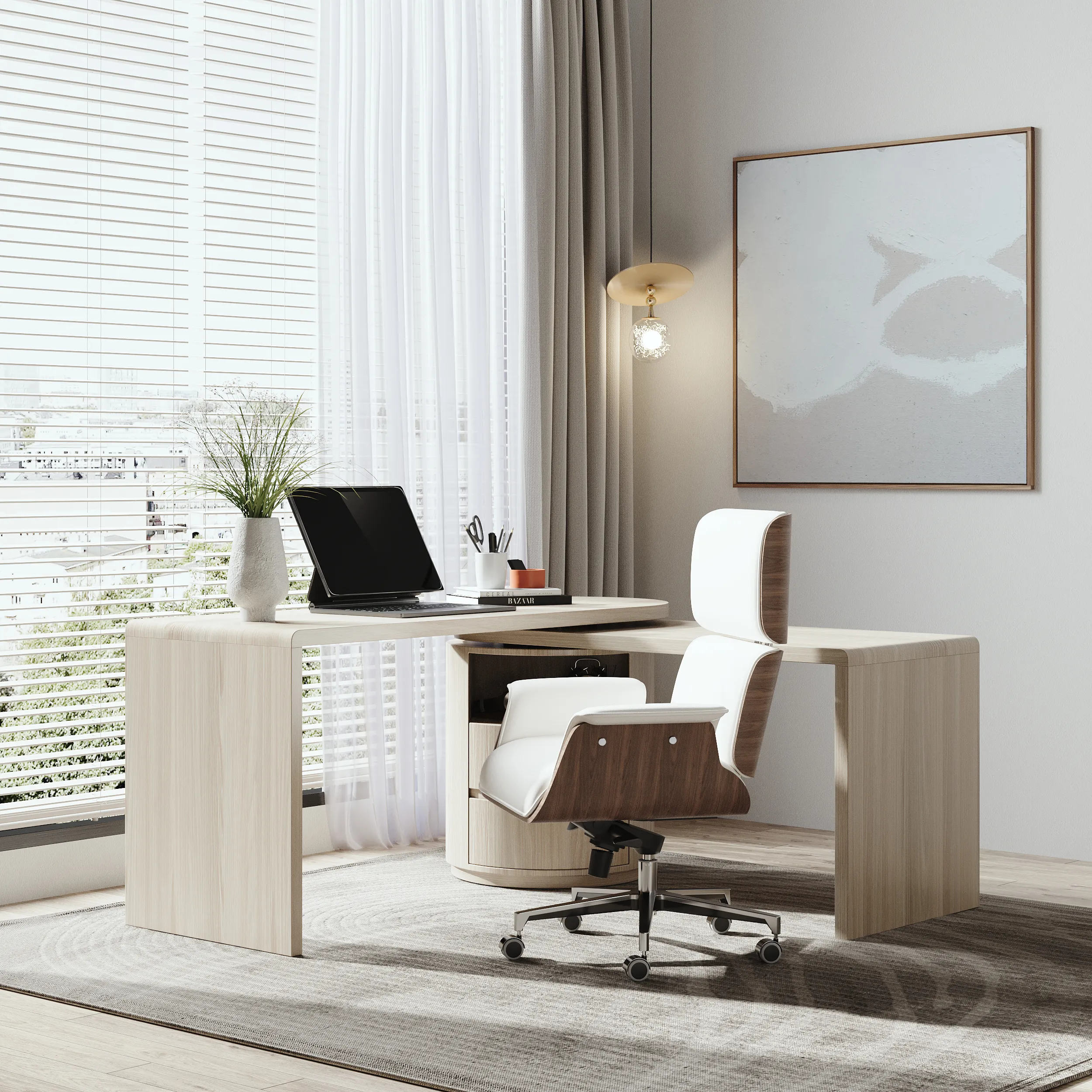L-Shaped Desk with Office Chair Set - White