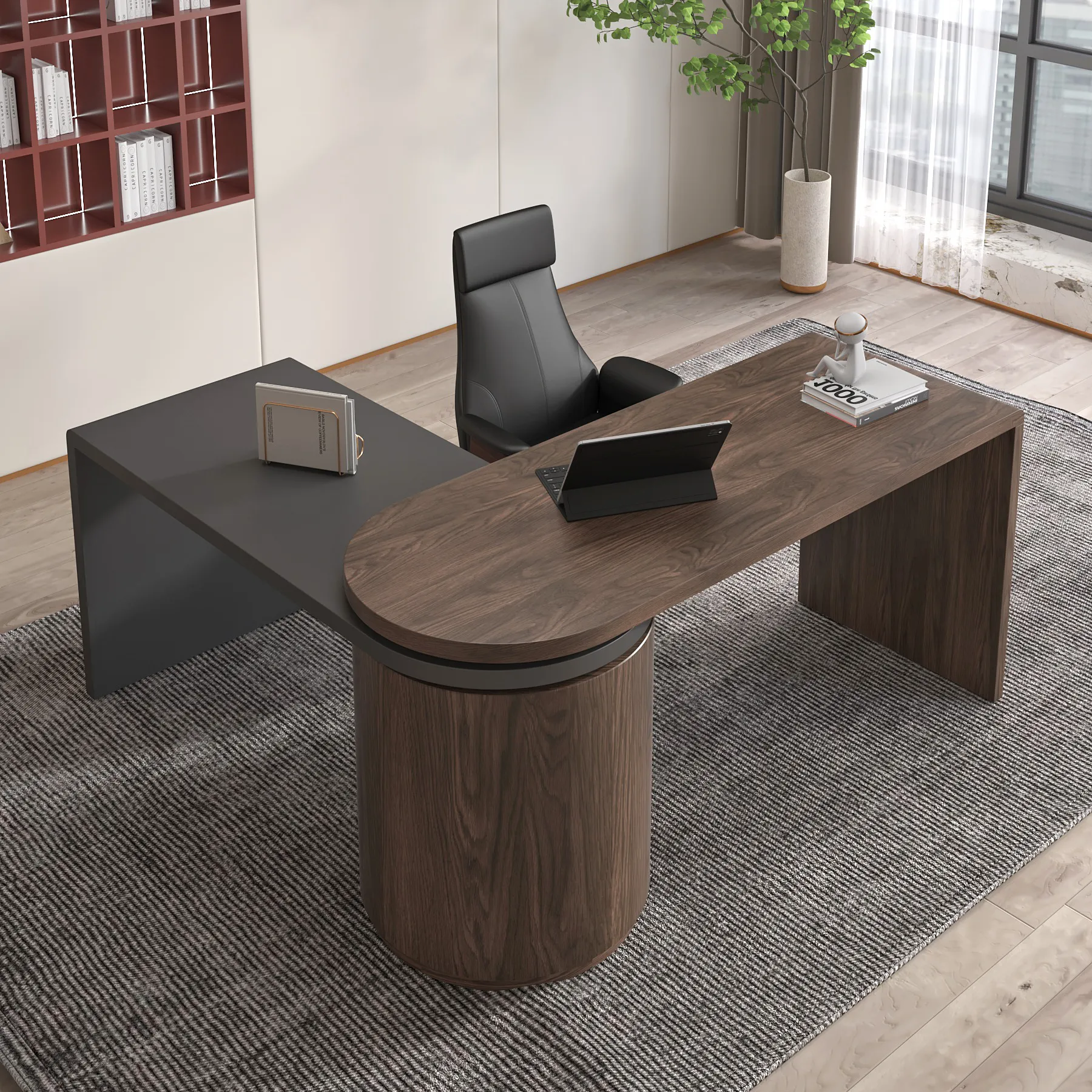 L-Shaped Desk with Reclining Office Chair Set - Walnut, Leather image