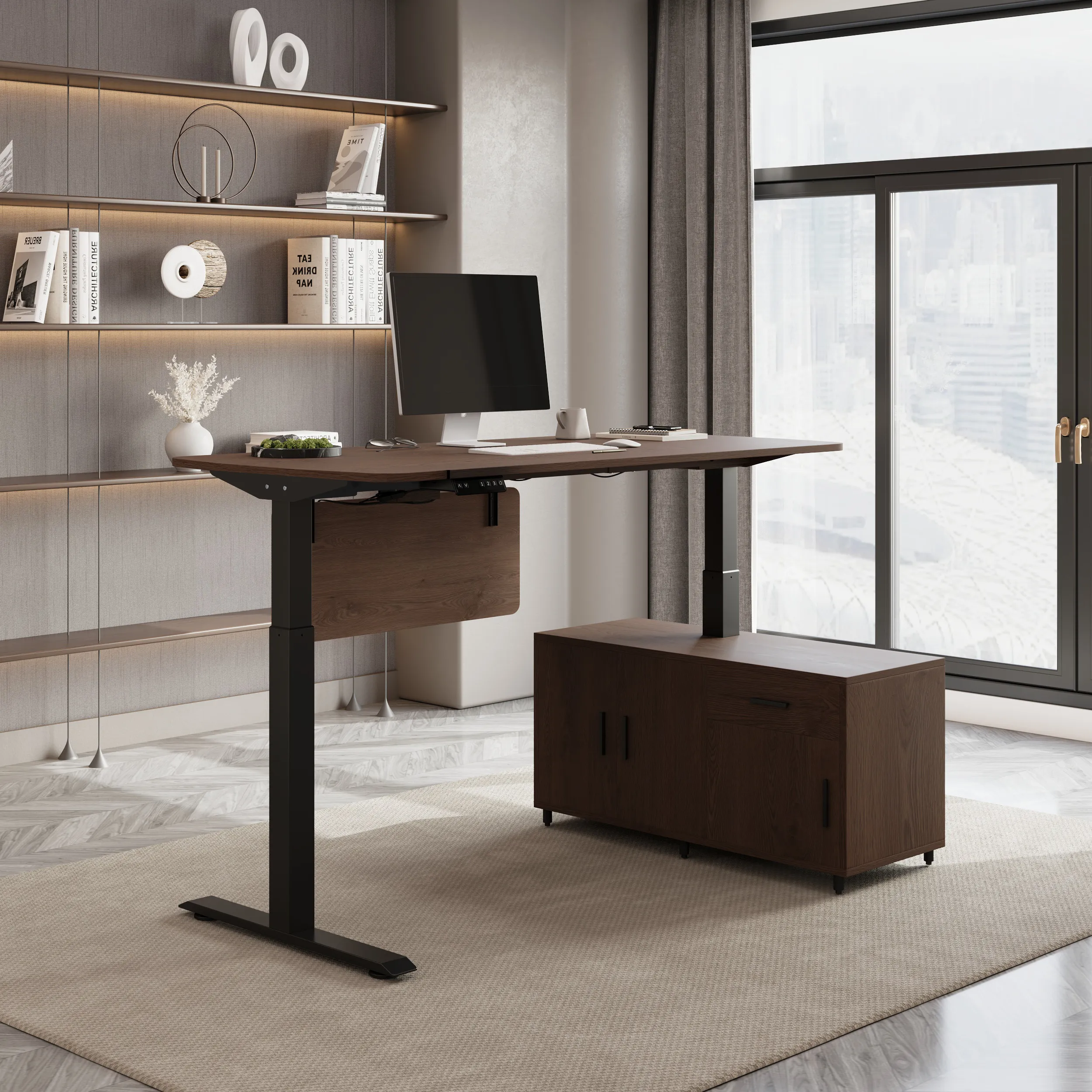 L-Shaped Electric Standing Desk with Storage - Walnut, MDF image