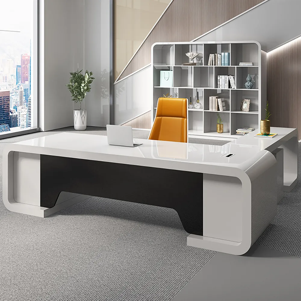 L-Shaped Executive Desk Left Hand with Drawers - White, Black image