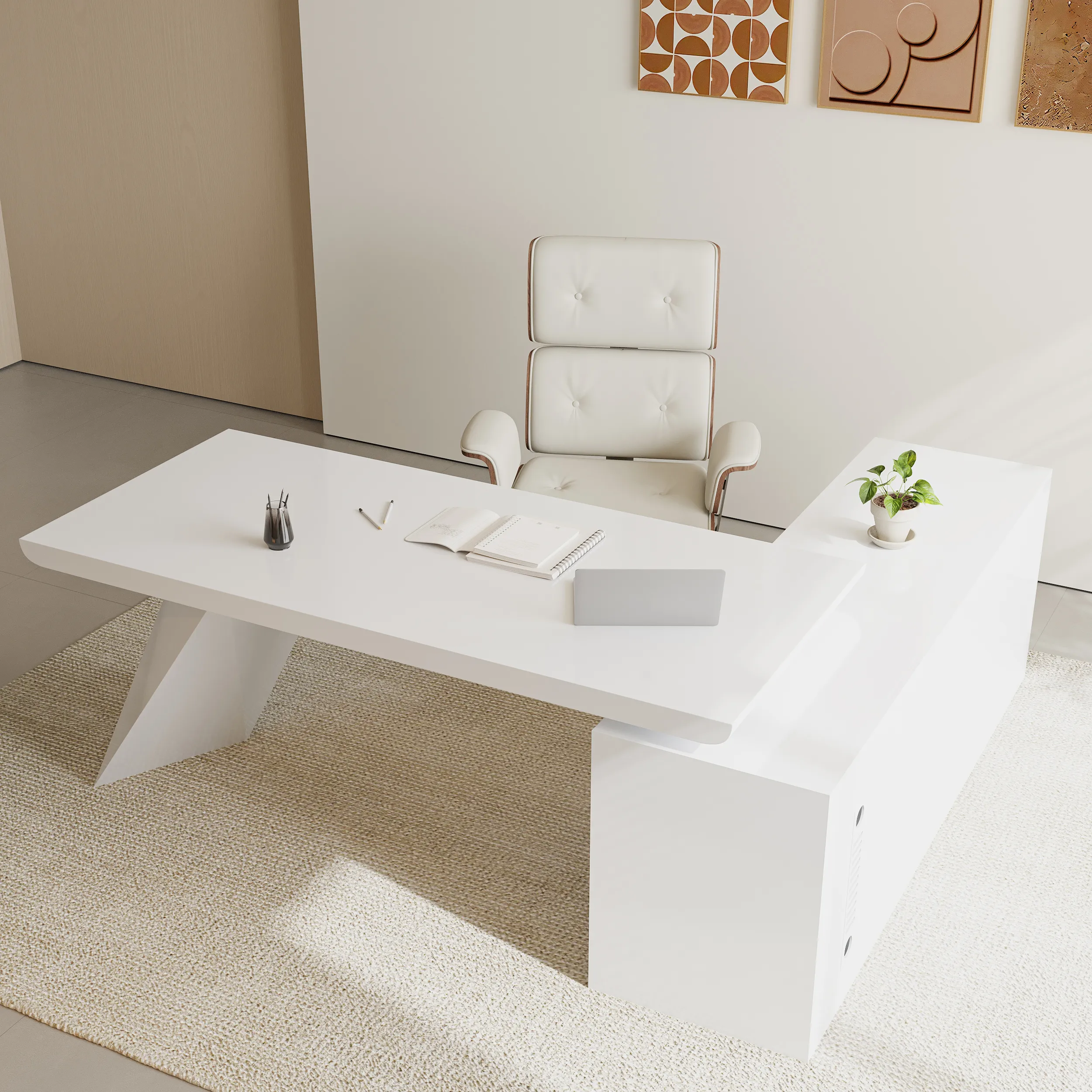 L-Shaped Executive Desk & Office Chair Set - White, MDF