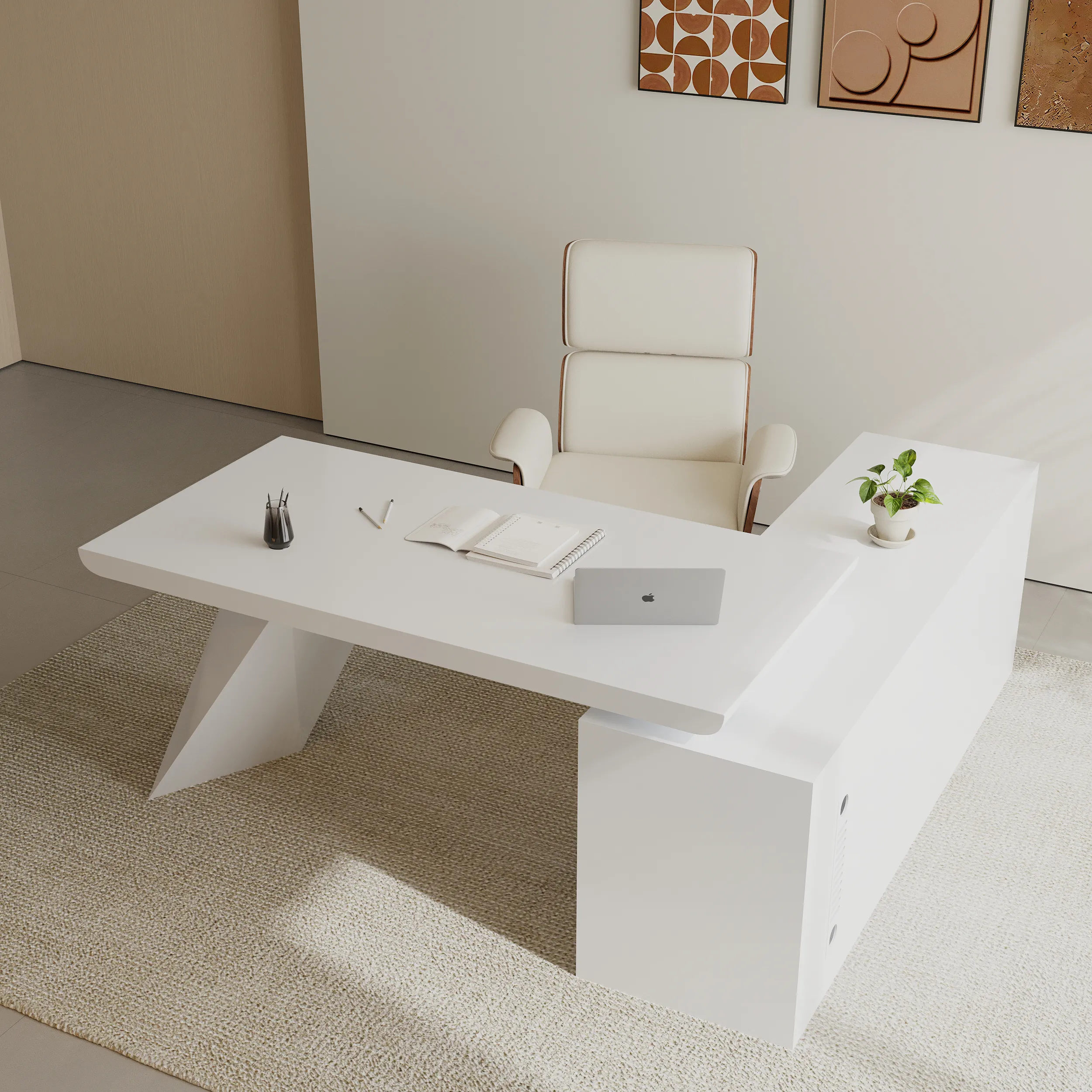 L-Shaped Executive Desk & Office Chair Set - White, MDF image