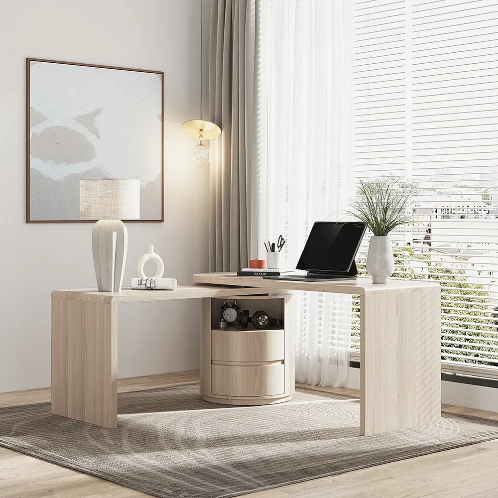 L-Shaped Executive Desk with Drawers - White