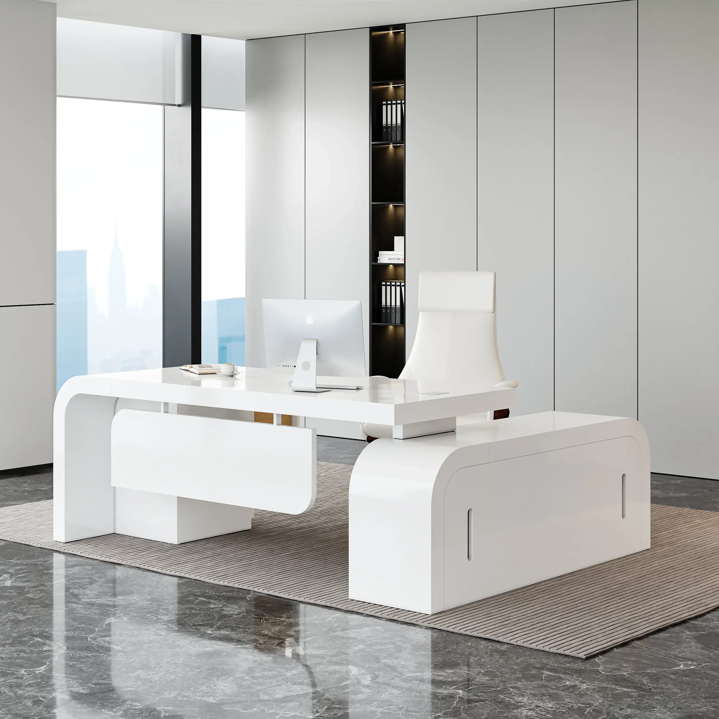 L-Shaped Executive Desk with High Back Chair Set