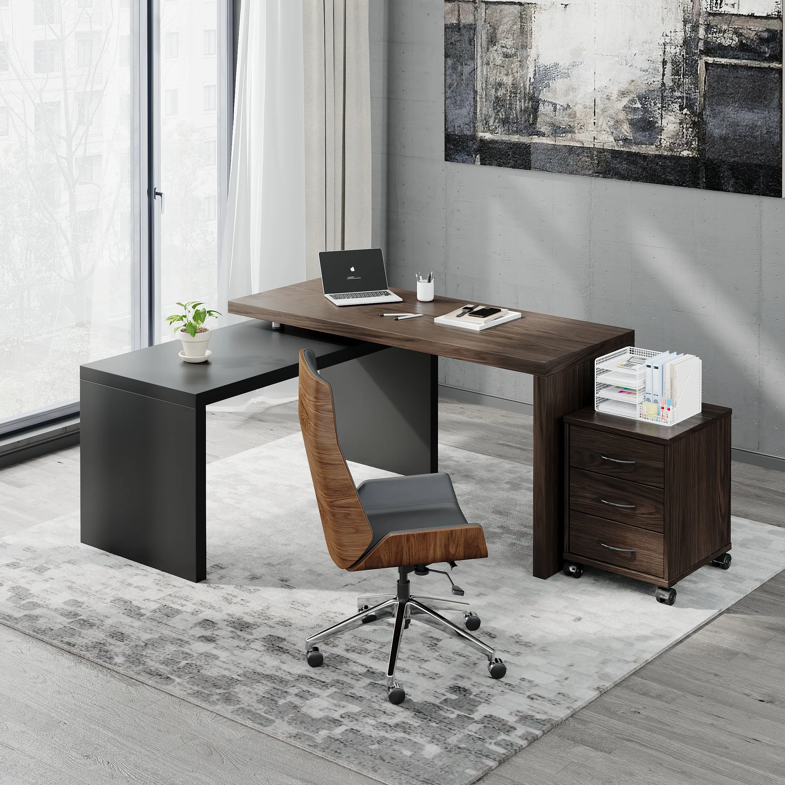 L-Shaped Executive Desk with Movable File Cabinet - Black, Walnut