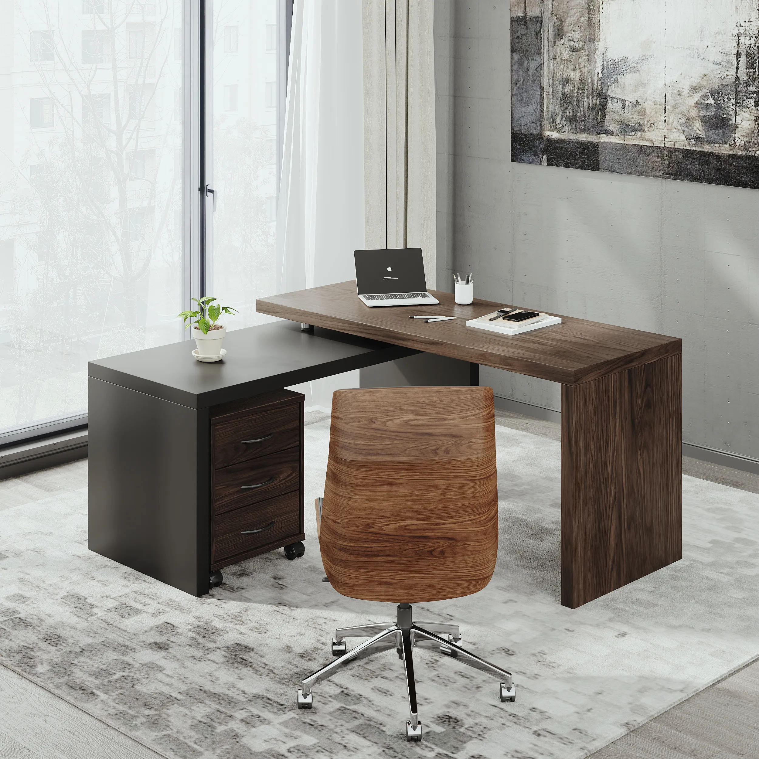 L-Shaped Executive Desk with Movable File Cabinet - Black, Walnut