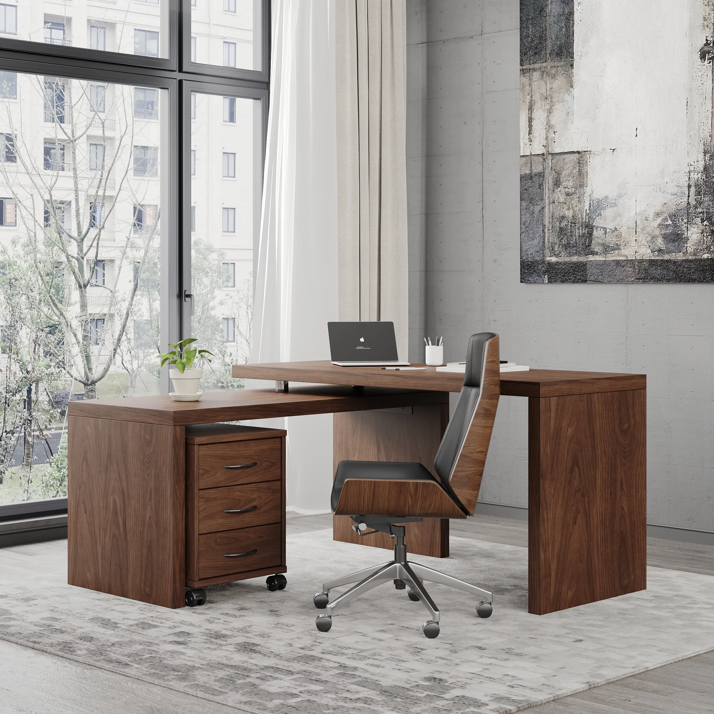 L-Shaped Executive Desk with Movable File Cabinet - Walnut