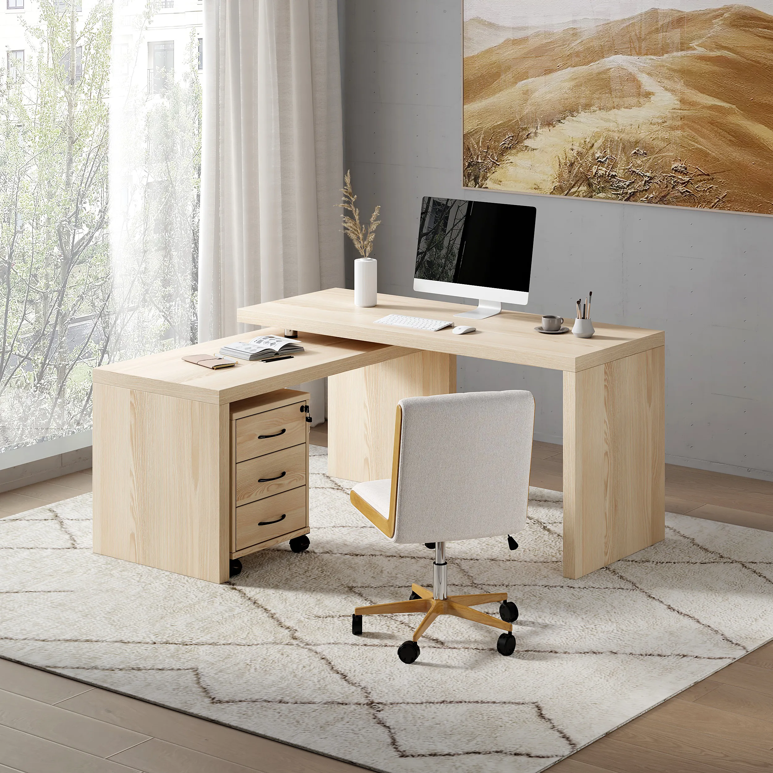L-Shaped Executive Desk with Movable File Cabinet - White