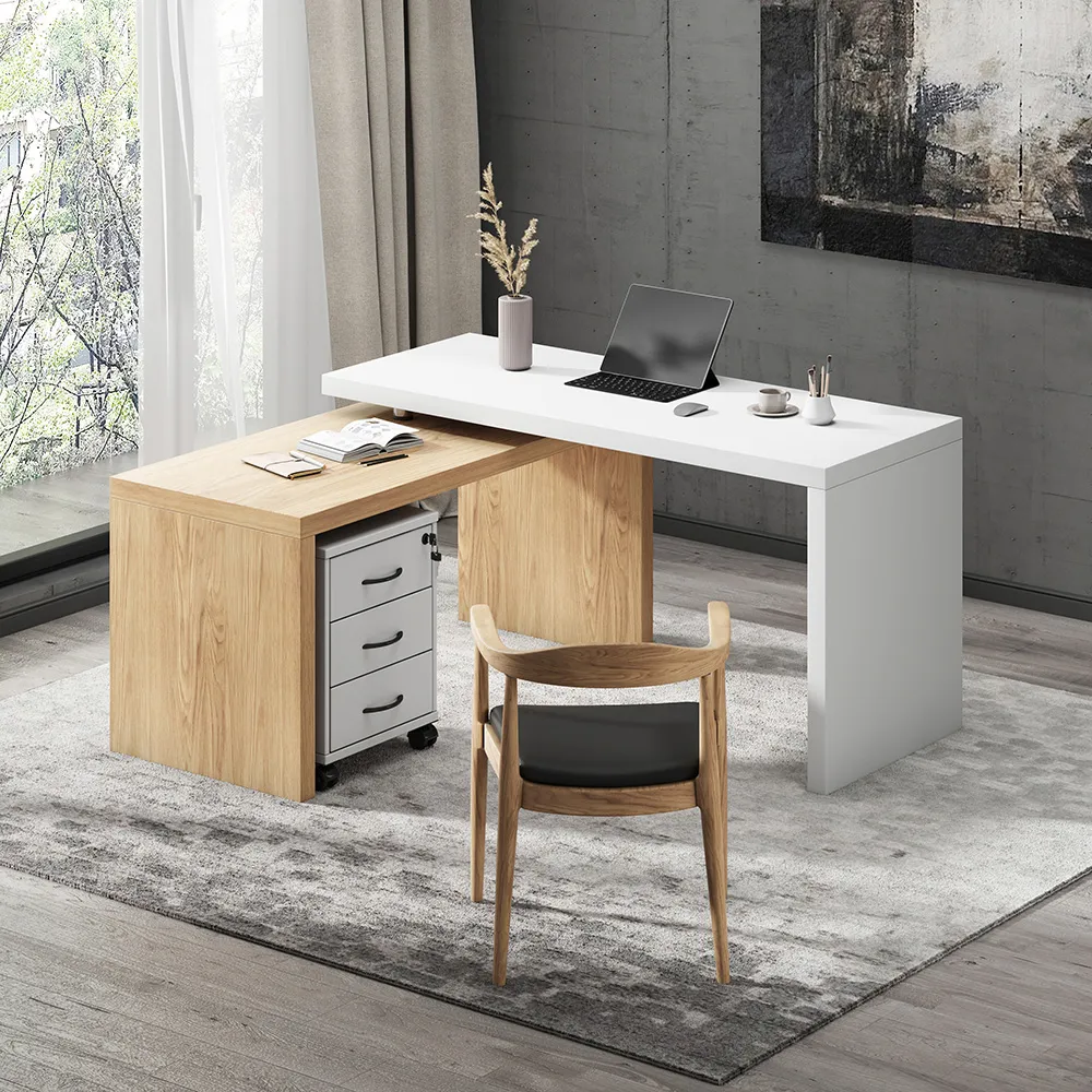 L-Shaped Executive Desk with Movable File Cabinet - White, Natural