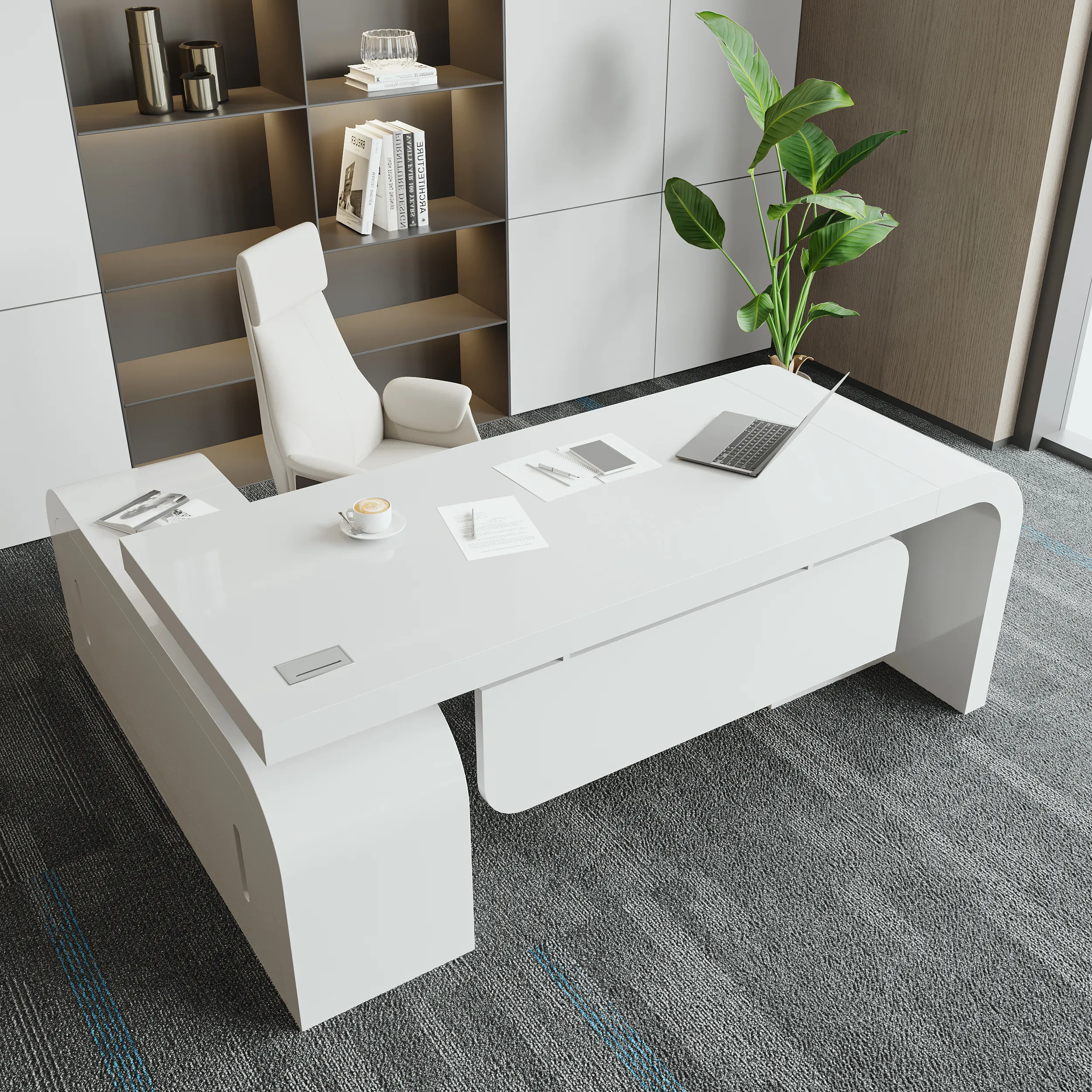 L-Shaped Executive Desk with Reclining Office Chair - White