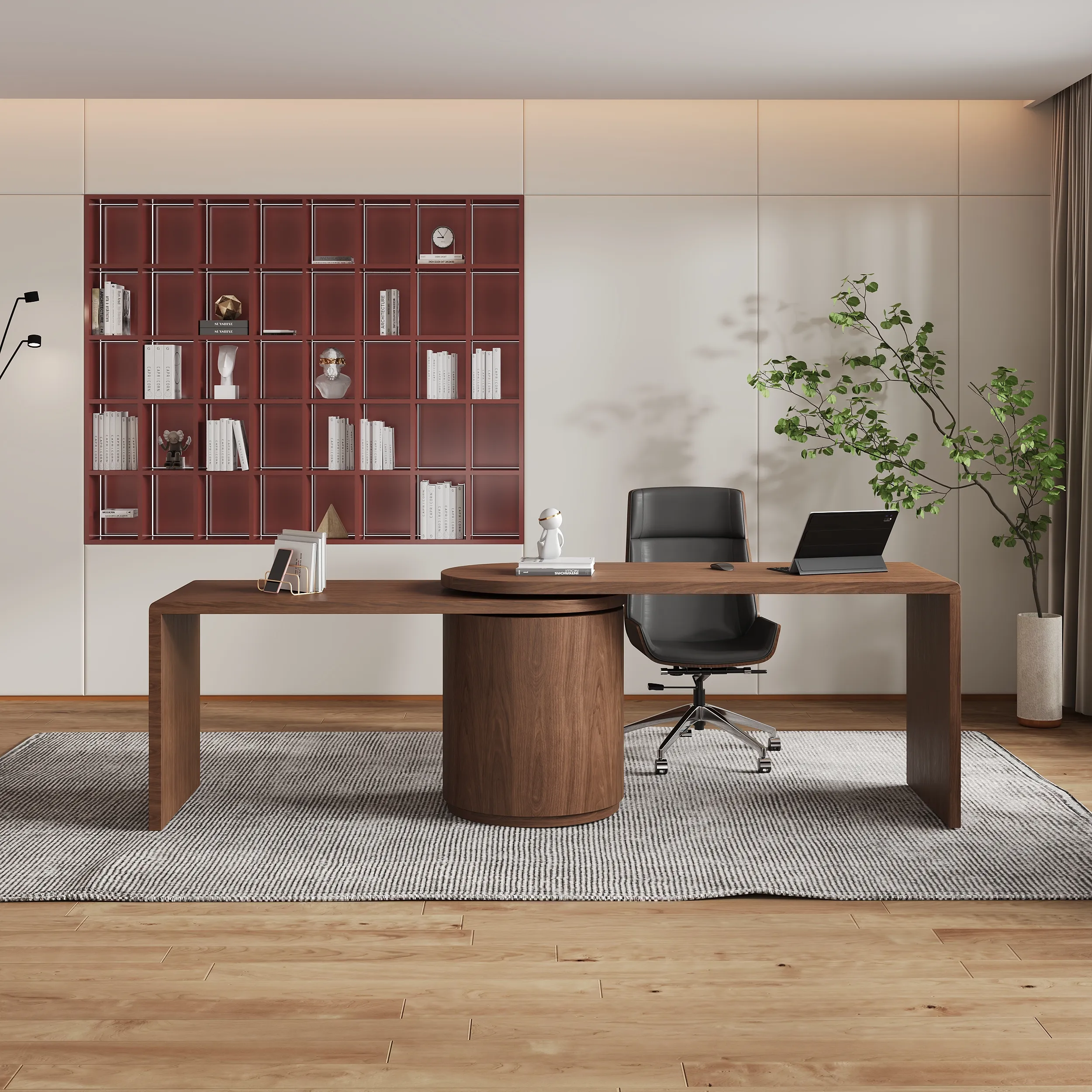 L-Shaped Executive Desk with Rotating Design - Walnut