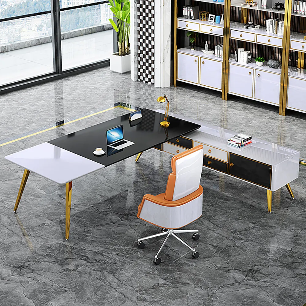 L-Shaped Executive Desk with Storage - White, Gold & Black image