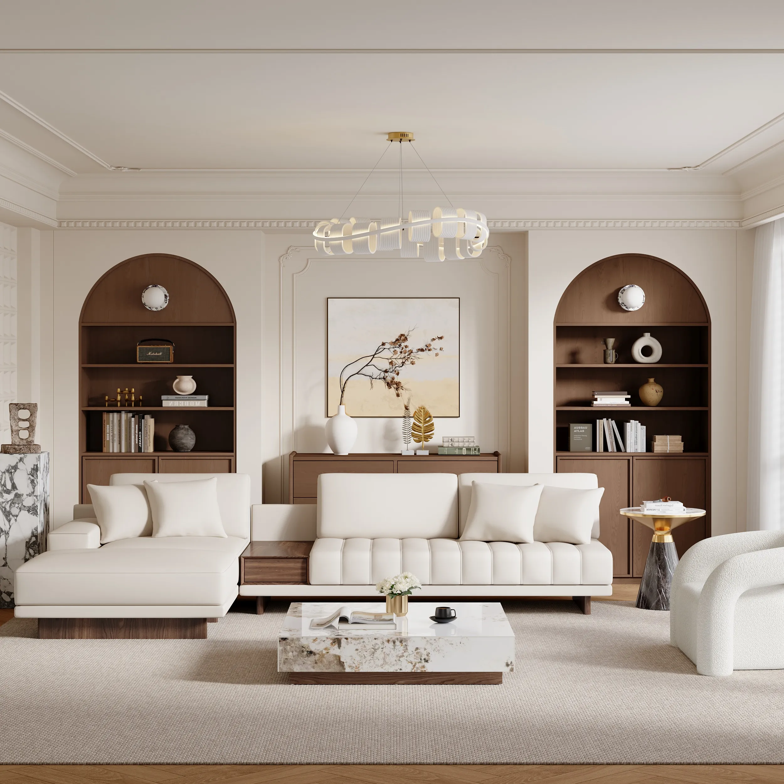 L-Shaped Modular Sectional Sofa & Coffee Table Set - White