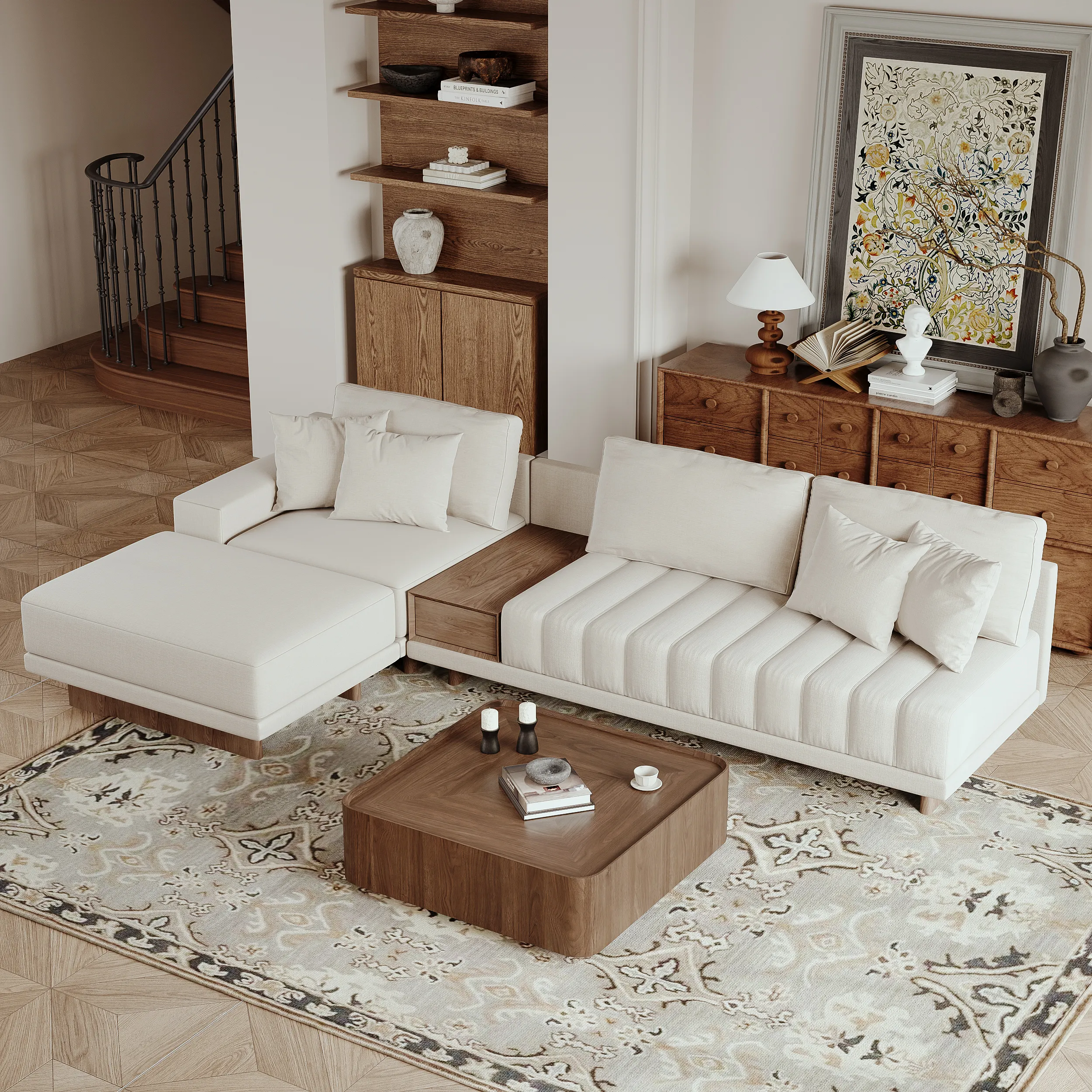 L-Shaped Modular Sectional Sofa with Ottoman - Cotton-Linen