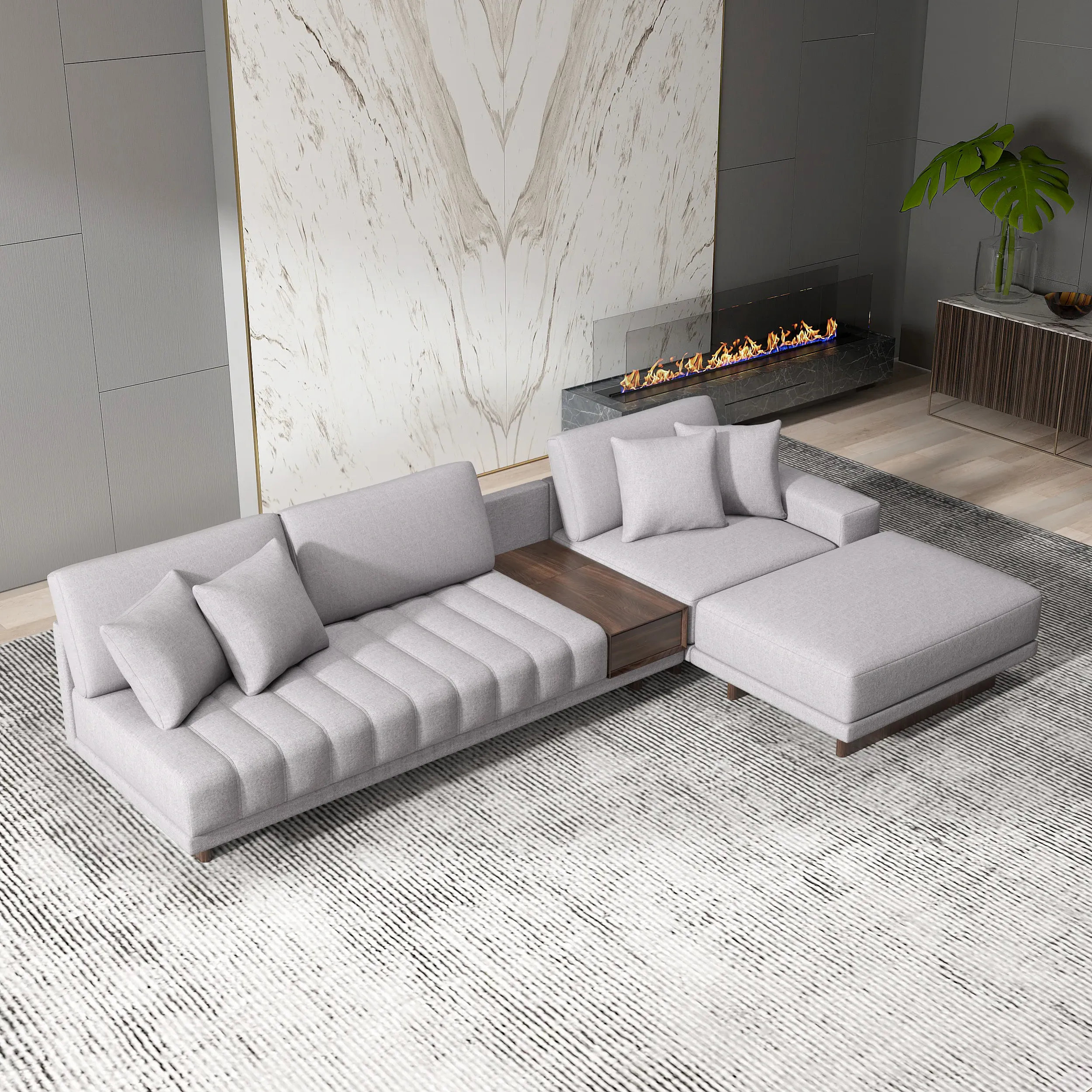 L-Shaped Modular Sectional Sofa with Ottoman - Grey, Cotton Linen