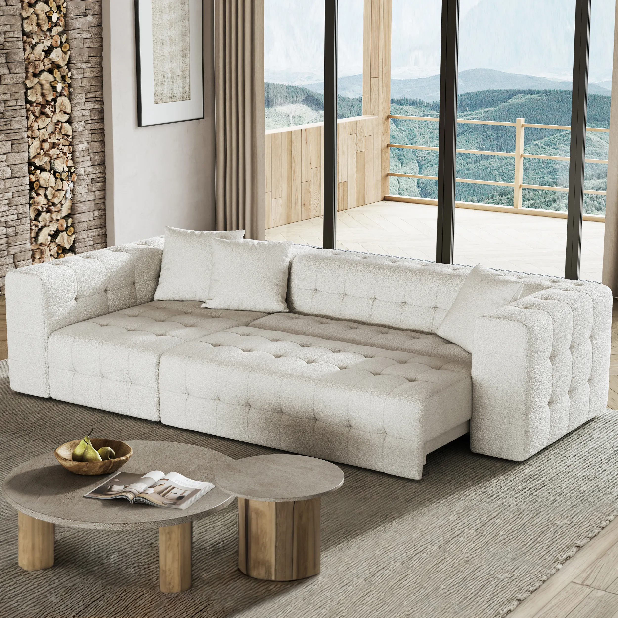 L-Shaped Sectional Sleeper Sofa with Chaise - White, Boucle image