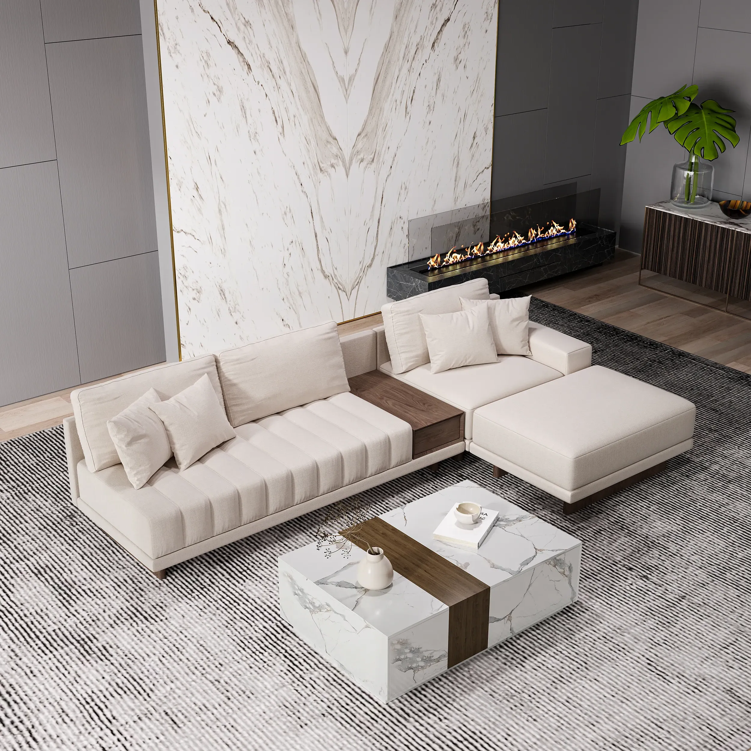 L-Shaped Sectional Sofa & Coffee Table Set - White, Fabric