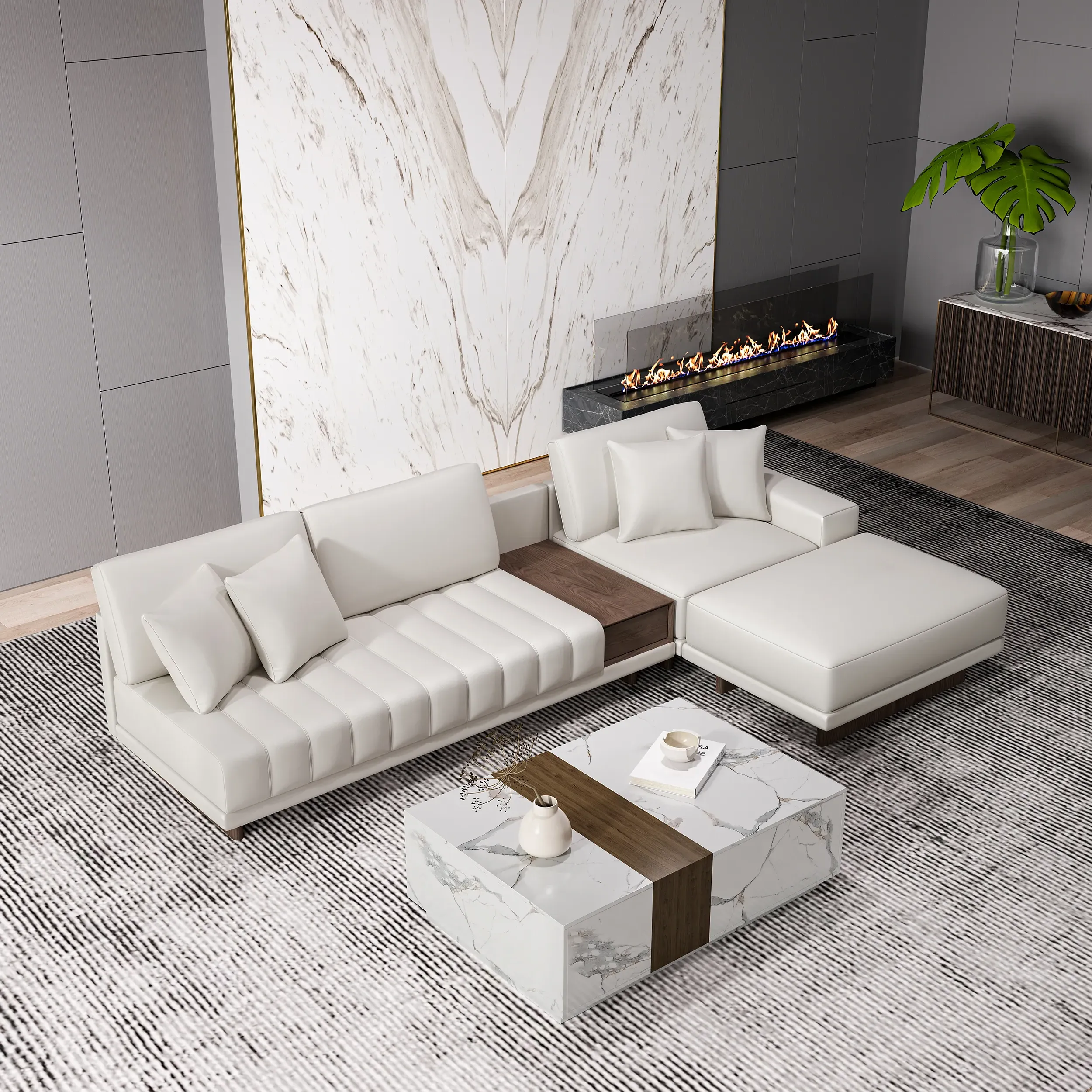 L-Shaped Sectional Sofa & Coffee Table Set - White, Leather
