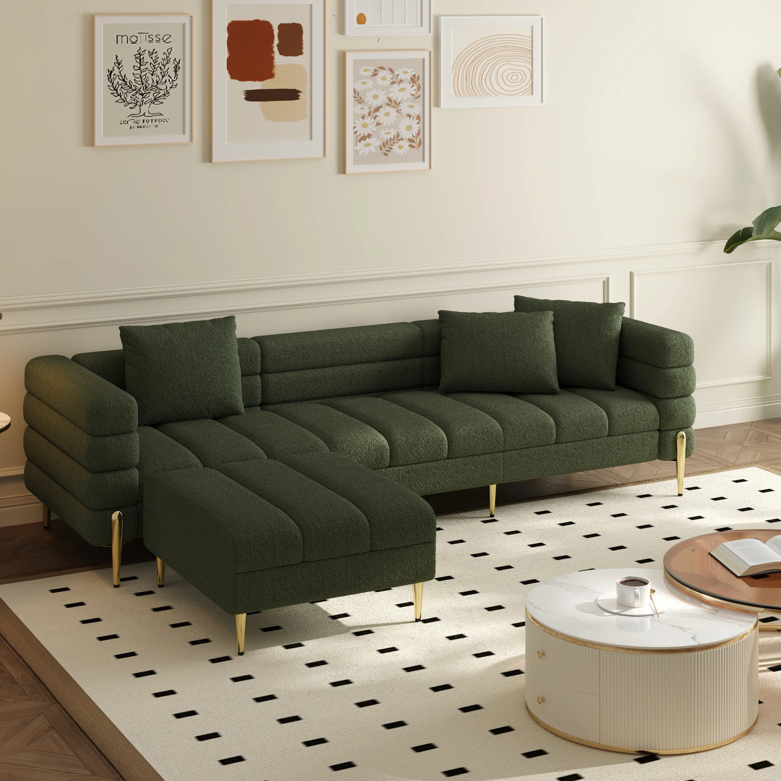 L-Shaped Sectional Sofa with Chaise - Green, Boucle