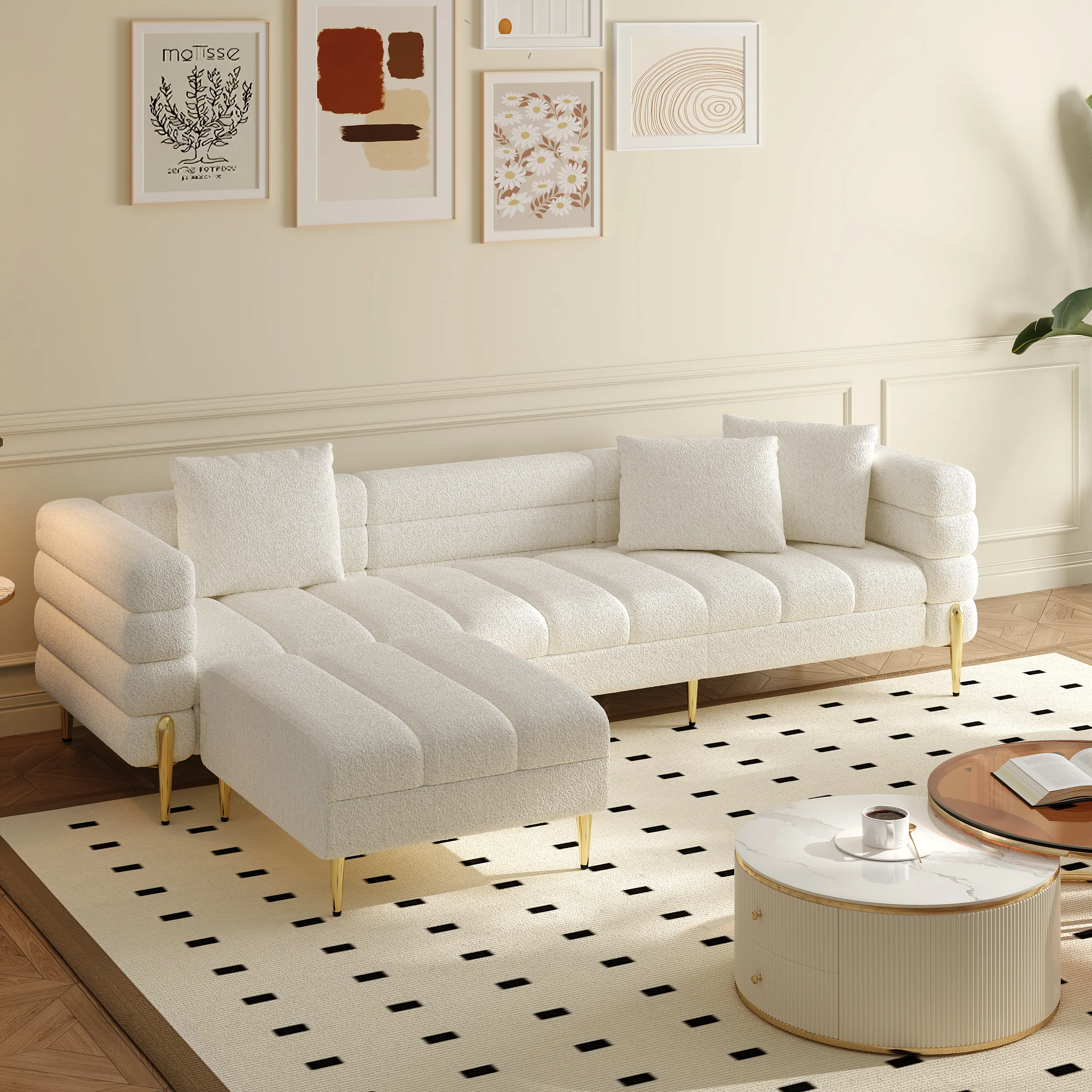 L-Shaped Sectional Sofa with Chaise - White, Boucle