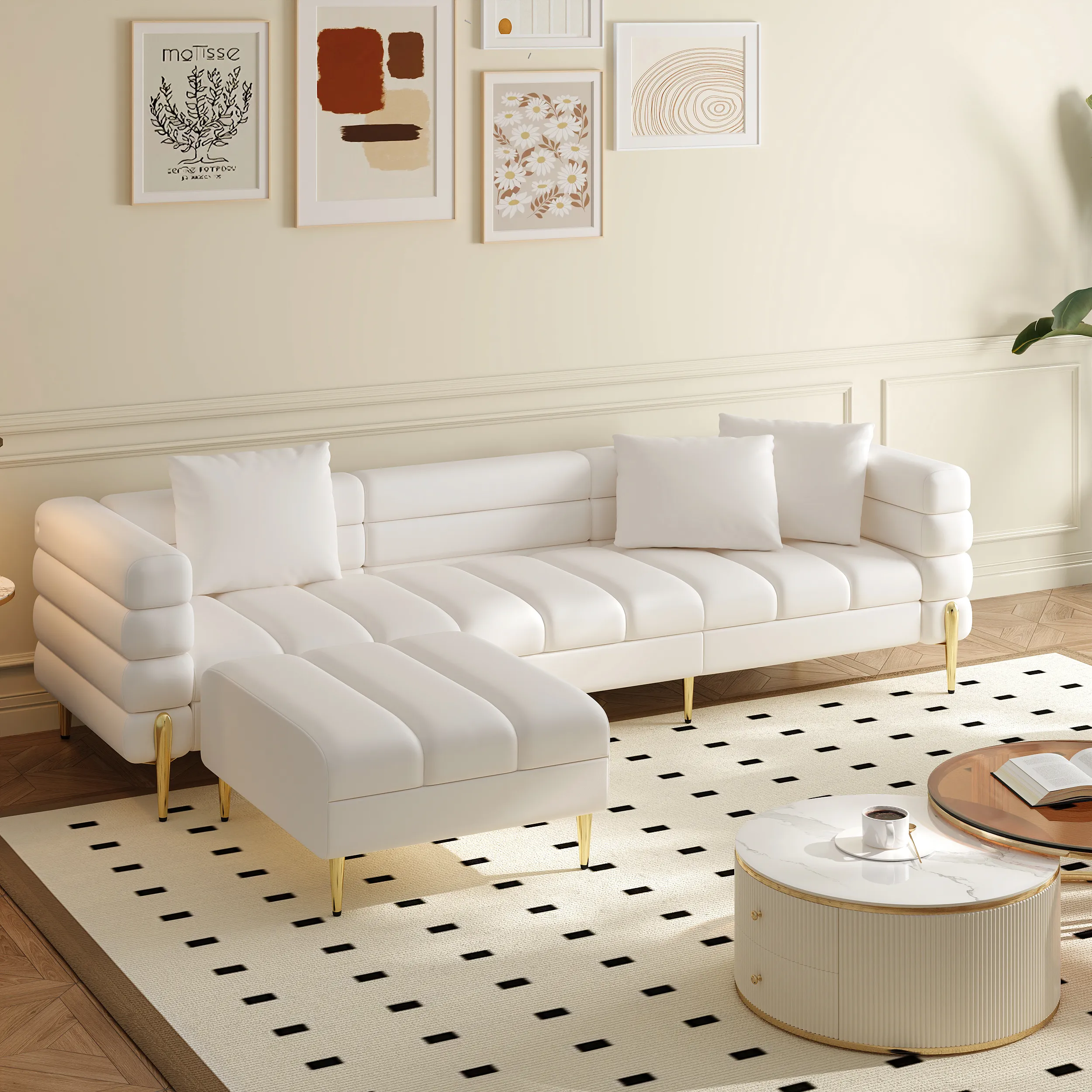 L-Shaped Sectional Sofa with Chaise - White, Faux Leather