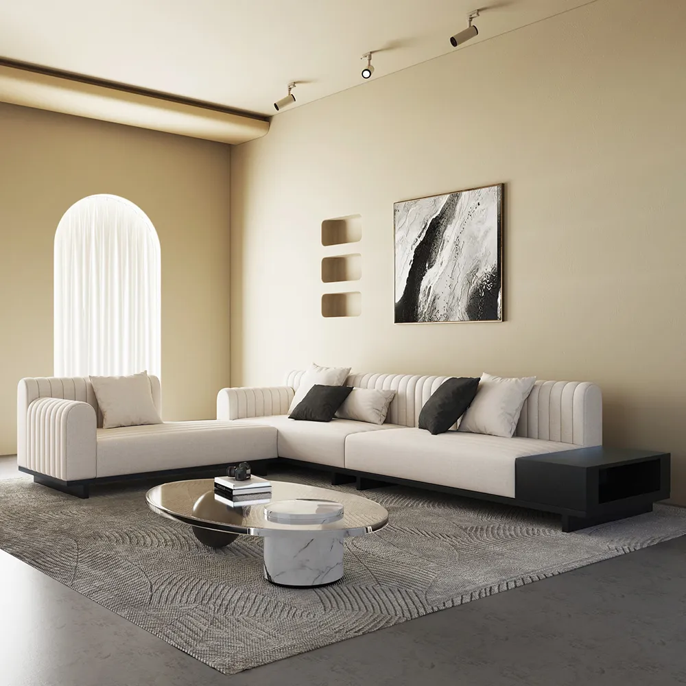 L-Shaped Sectional Sofa with Storage Side Table - White